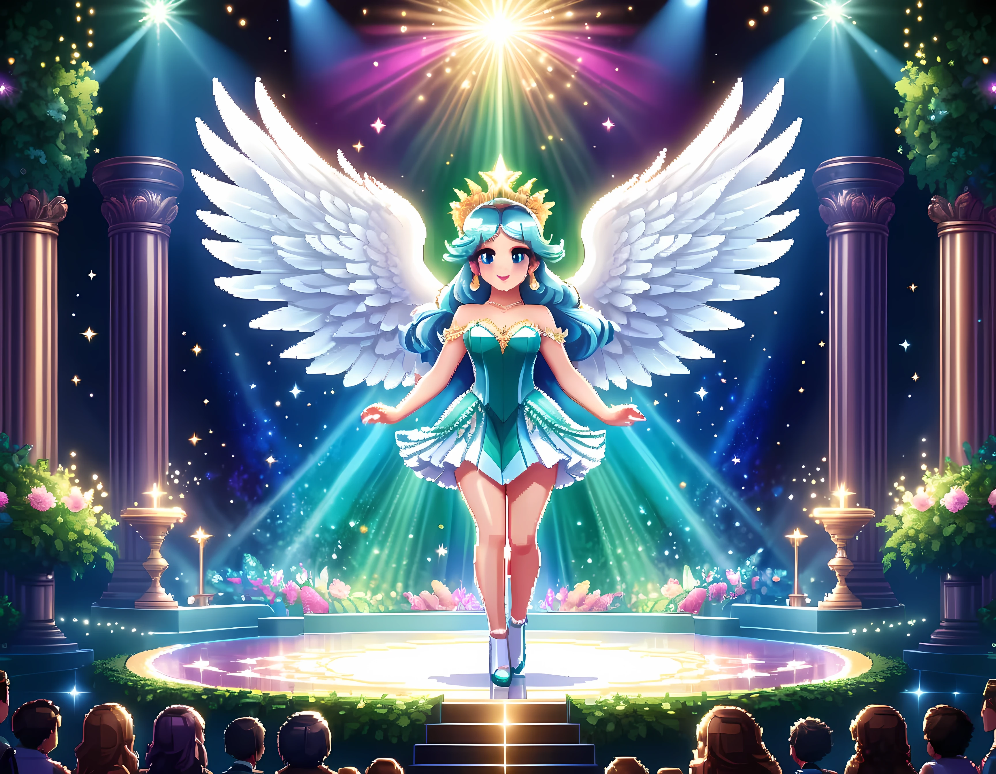 Bright epic professional cute cartoon pixel illustration, (masterpiece in maximum 16K resolution, superb quality, ultra detailed:1.3), (French angelic idol in stunning sleek dress) performing on a luxurious round stage atop the majestic Olymp, lush magic garden surround the stage, sparkles amidst the ethereal misty realm, natural lighting, 