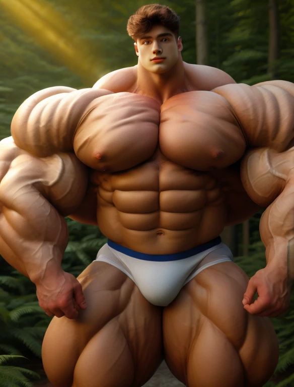 1 boy, giant, model shoot style, looking at viewer, standing, illuminating light, outdoor, strong body, bulk, large size, standing, sunmer, in the forest, white triangular underwear, prominent bulge, big, brutalmass, giant, muscular body, bulk, massive body, squishy, large meaty body size