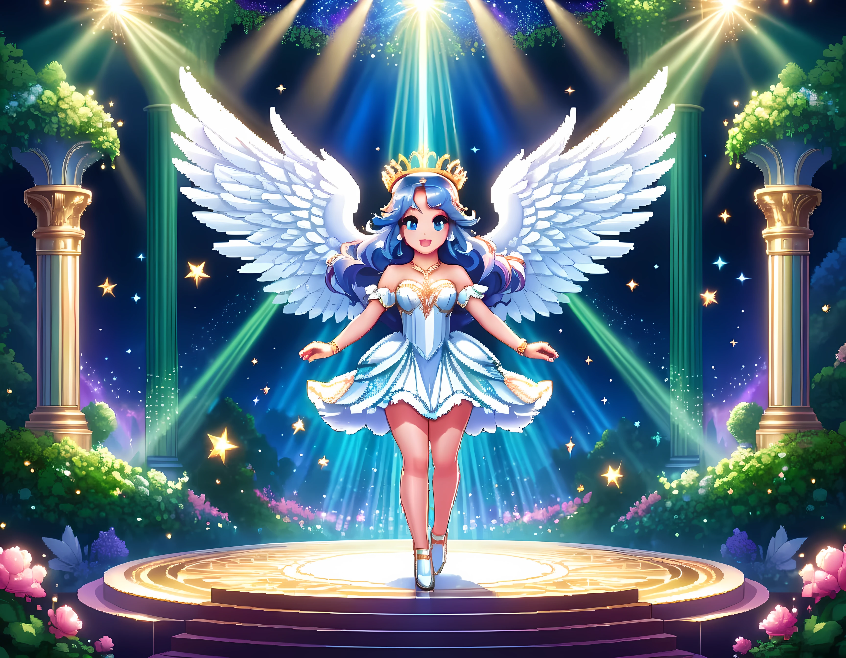 Bright epic professional cute cartoon pixel illustration, (masterpiece in maximum 16K resolution, superb quality, ultra detailed:1.3), (French angelic idol in stunning sleek dress) performing on a luxurious round stage atop the majestic Olymp, lush magic garden surround the stage, sparkles amidst the ethereal misty realm, natural lighting,