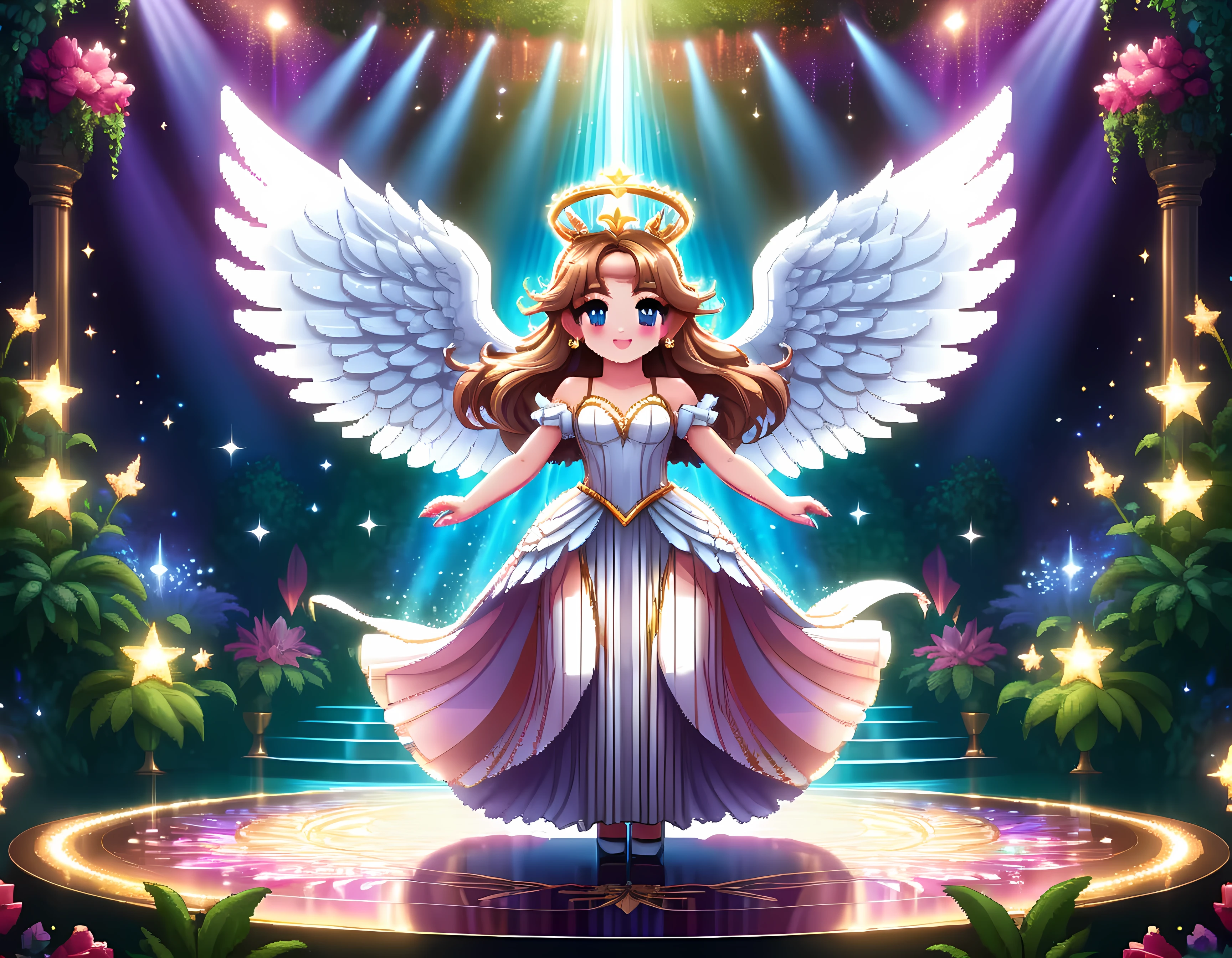 Bright epic professional cute cartoon pixel illustration, (masterpiece in maximum 16K resolution, superb quality, ultra detailed:1.3), (French angelic idol in stunning sleek dress) performing on a luxurious round stage atop the majestic Olymp, lush magic garden surround the stage, sparkles amidst the ethereal misty realm, natural lighting, 