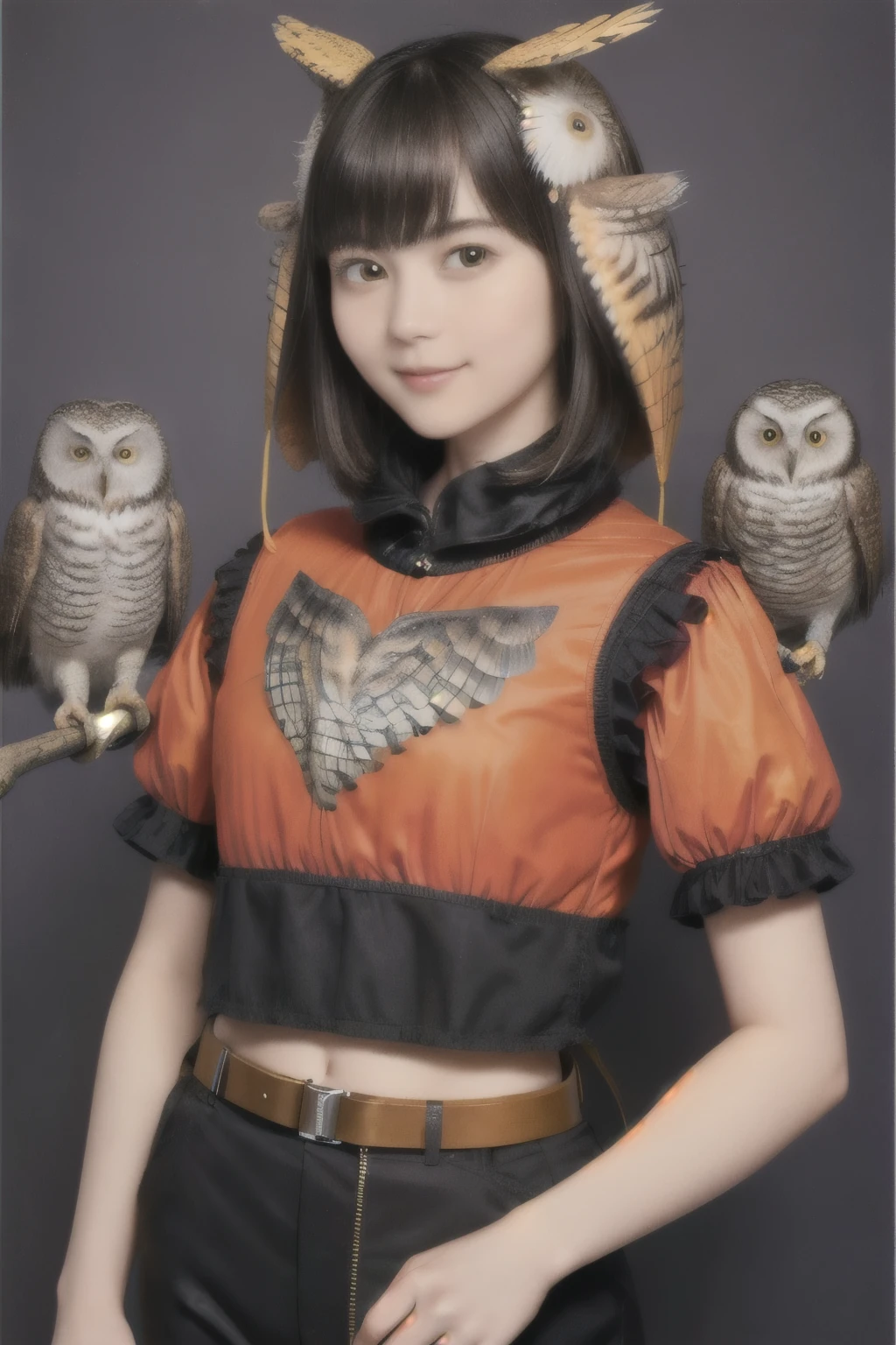 224 Short Hair, 20-year-old woman, A kind smile, (There are also colorful owls), (Rembrandt-style painting), ((machinery suit,Clothes with short sleeves)),I can see your abs