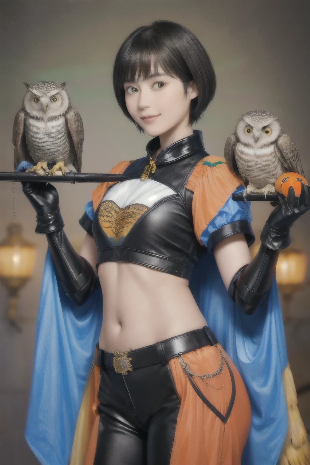 224 Short Hair, 20-year-old woman, A kind smile, (There are also colorful owls), (Rembrandt-style painting), ((machinery suit,Clothes with short sleeves)),I can see your abs