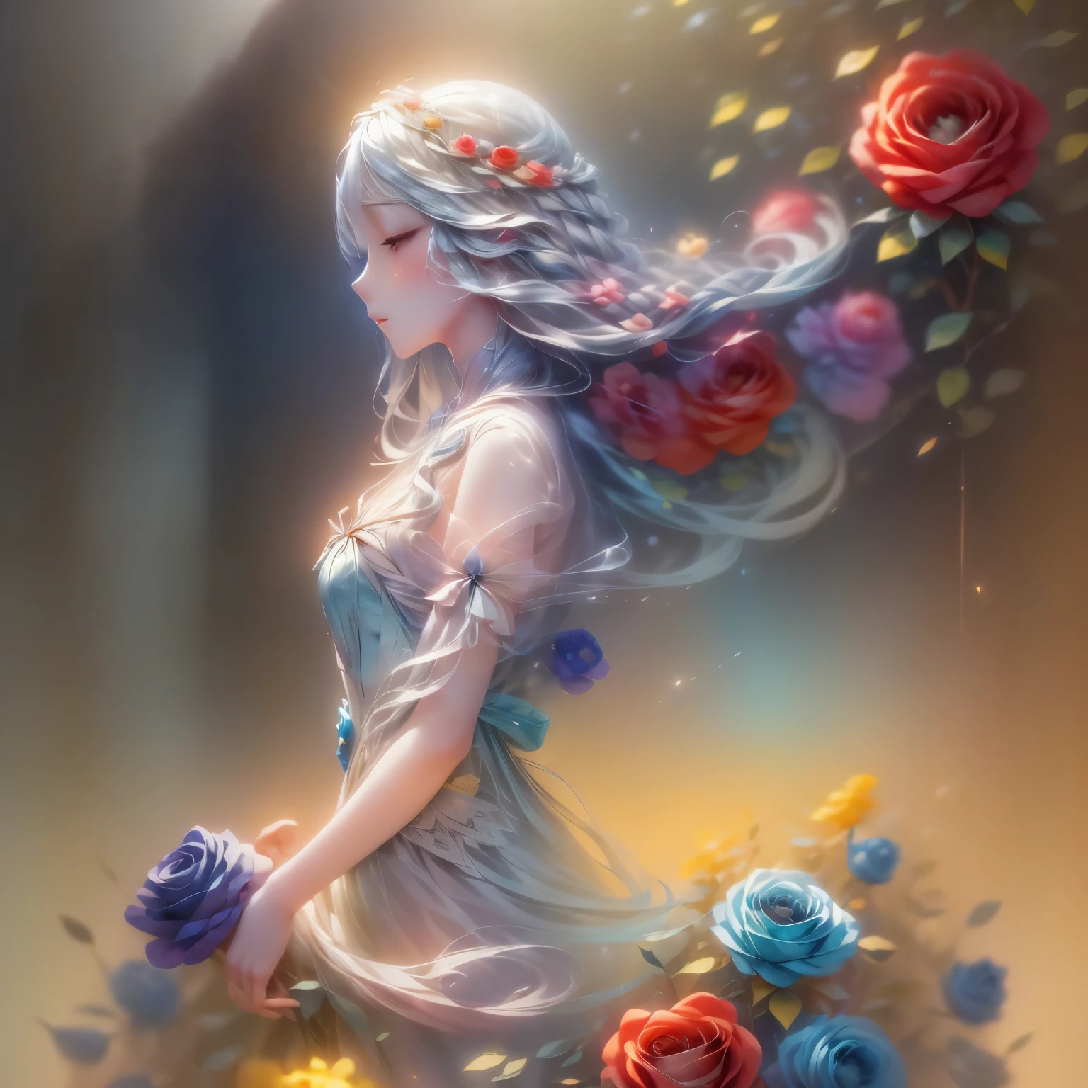 (Profile beauty,Long colored hair,close your eyes,masterpiece roses),Rainbow background, (figure:1.2,Paper Art:1.2, Tangled:1.2, 3D Rendering),(highest quality, Detailed explanation, masterpiece, Official Art, Lighting Effects, 4K, Chiaroscuro)