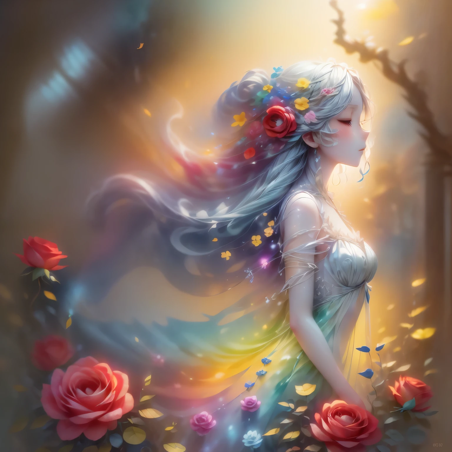 (Profile beauty,Long colored hair,close your eyes,masterpiece roses),Rainbow background, (figure:1.2,Paper Art:1.2, Tangled:1.2, 3D Rendering),(highest quality, Detailed explanation, masterpiece, Official Art, Lighting Effects, 4K, Chiaroscuro)