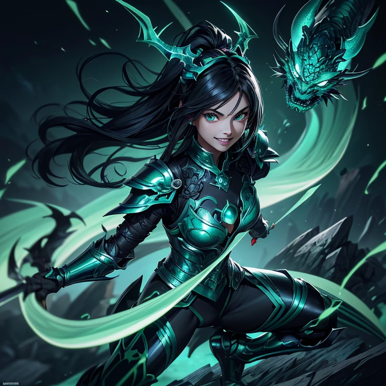 A girl, fierce expression, ((blue and green aura around her, malevolent energy)), wearing, ((hairdresser, dragon armor, Dragon helmet)), ((shiny jade armor:1.2)), ((Poses moving:1.4)), (full body), China, walls, landscape destruction, detailed scenery, the girl has (Messy hair, shiny black hair:1.2), (Beautiful and detailed face with perfect symmetry), (Green eyes beautiful and detailed), (soft open lips, smile, teeth:1.2), (body with perfect anatomy, perfect natural texture, high details, shiny skin) cinematic lighting, vivid colors, detailed illustration, depth of field.
