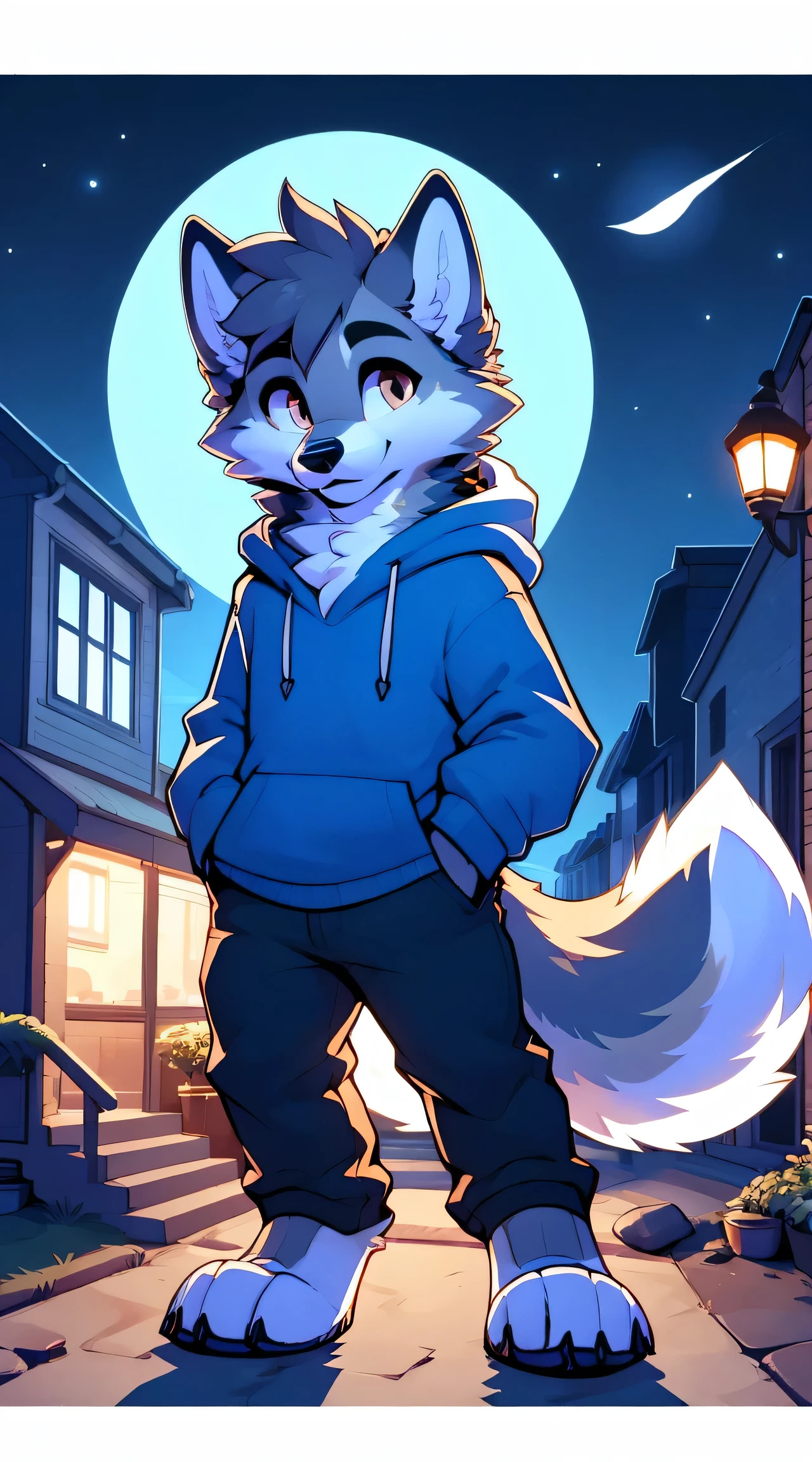 a full body, anthropomorphic brown wolf ??? wearing a blue hoodie, pants, wolf face, cute face, glossy fur, big fluffy neckfur, posing for a picture in a hill at night with a city in the distance
