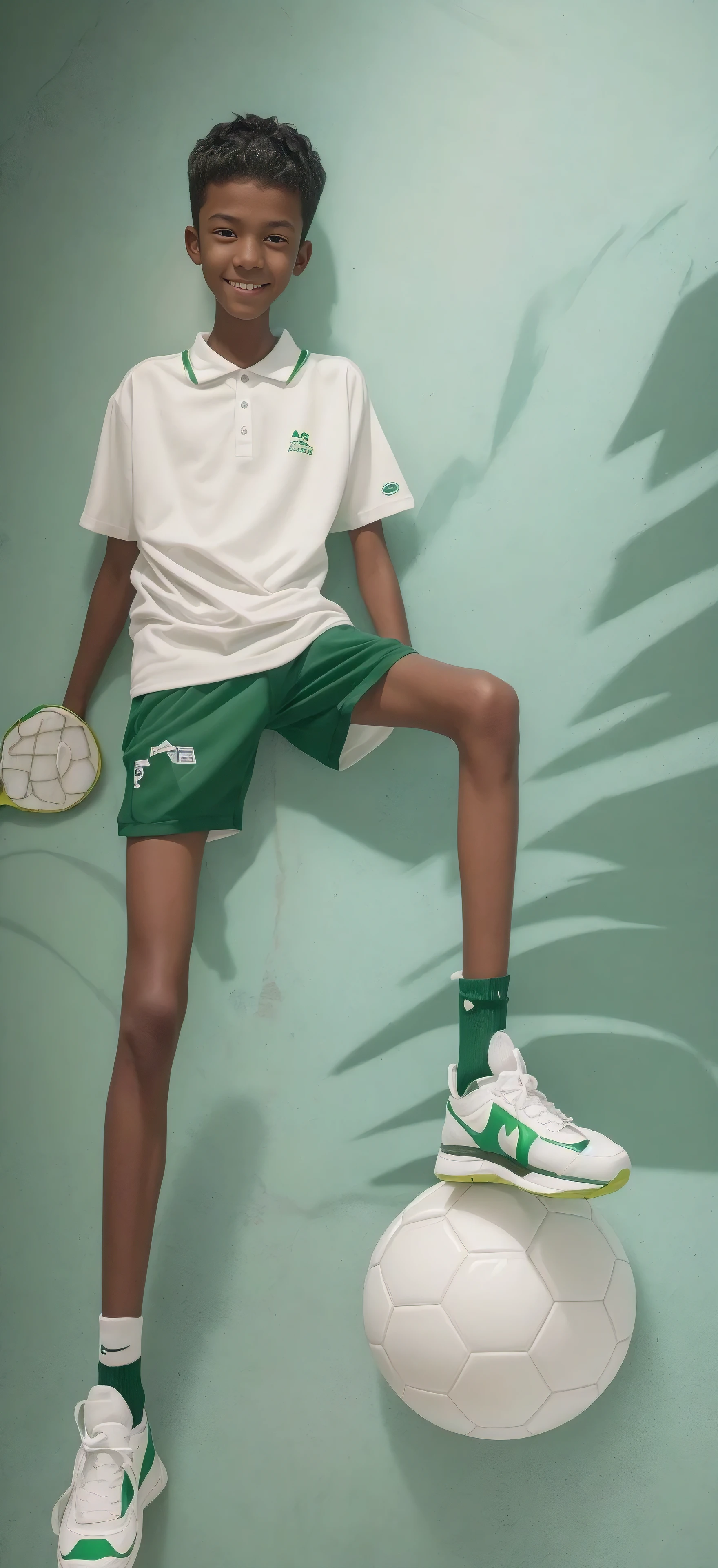 14 year old boy,(Wearing white tennis clothes,Wearing green socks),Dark skin,Big round eyes,Very short hair,Tall and skinny,Toothy Smile,Sharpen details,Knee Band-Aid Scar