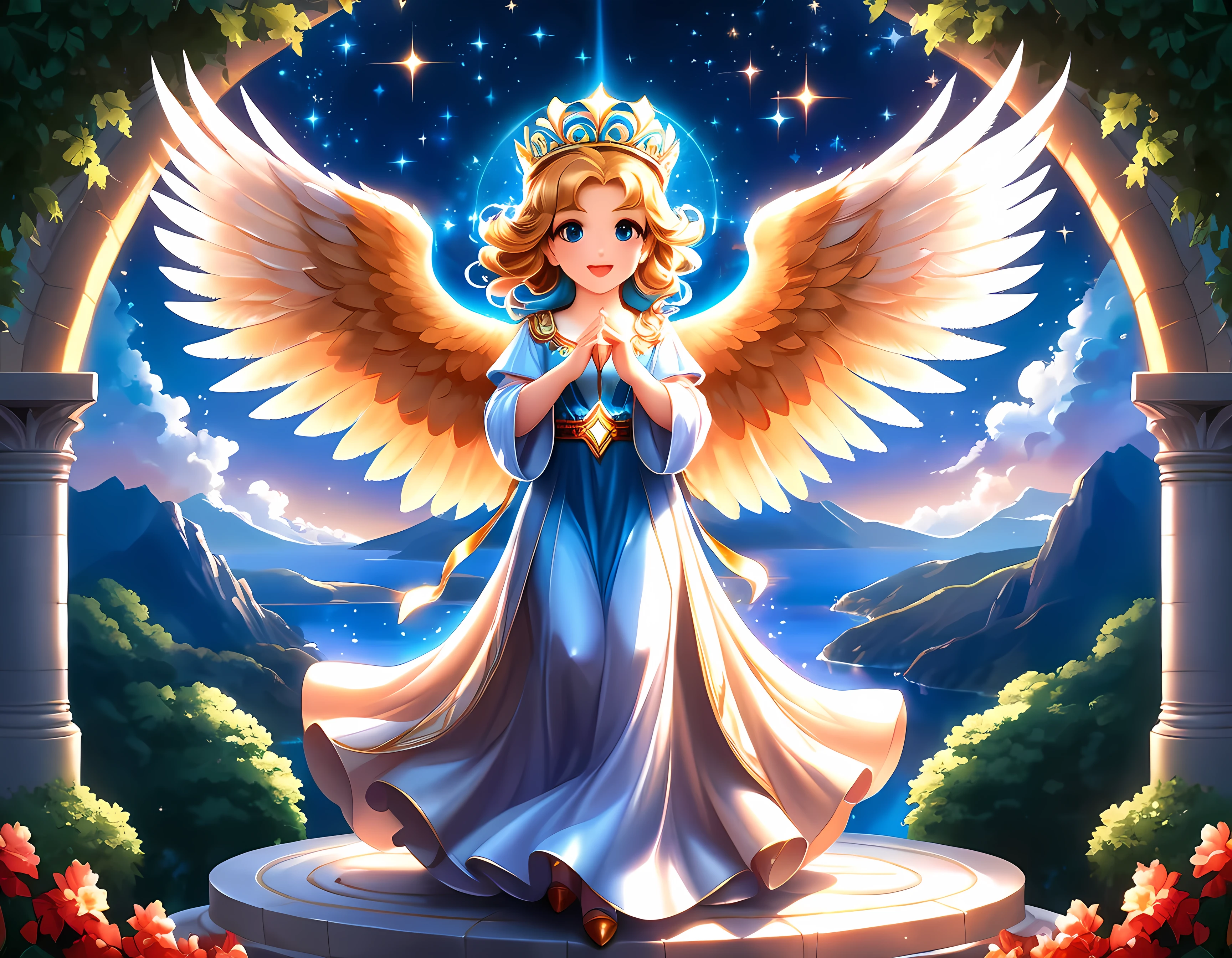 Bright epic professional cute cartoon pixel illustration, (masterpiece in maximum 16K resolution, superb quality, ultra detailed:1.3), (French angelic idol in stunning sleek dress) singing on a luxurious round stage atop the majestic peak, magic Greek garden, sparkles amidst the ethereal misty realm, natural lighting.