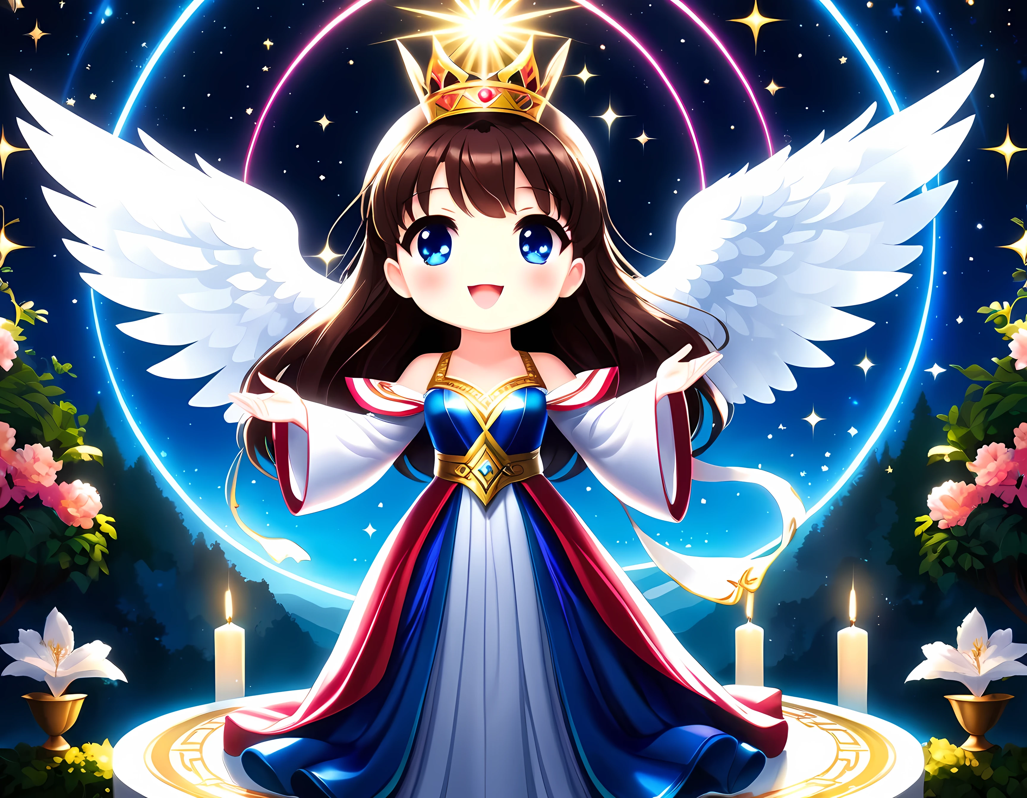 Bright epic professional cute cartoon pixel illustration, (masterpiece in maximum 16K resolution, superb quality, ultra detailed:1.3), (French angelic idol in stunning sleek dress) singing on a luxurious round stage atop the majestic peak, magic Greek garden, sparkles amidst the ethereal misty realm, natural lighting.