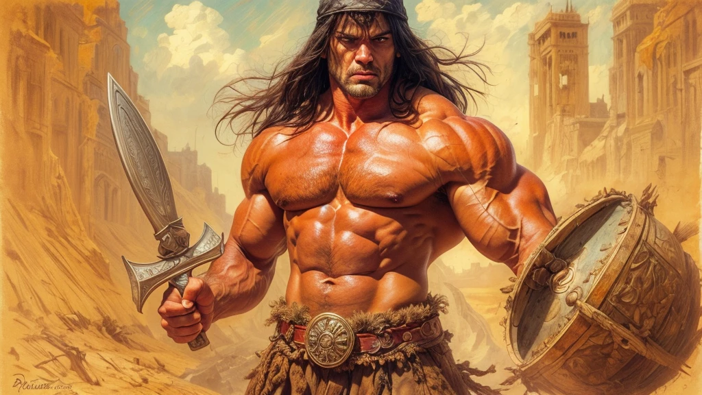 Extremely muscular man, chiseled features, washboard stomach, conan the barbarian, frank franzetta, 