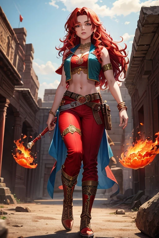 Merida 18 year old girl long curly redhead hair djinn clothing red top with open sleeveless vest copper red vest with silver Arabic print red Arabic pants golden belt djinn bracelet with red gems rubies brown boots red phosphorescent tattoos surrounded by fire and red smoke on a background of arab ruins