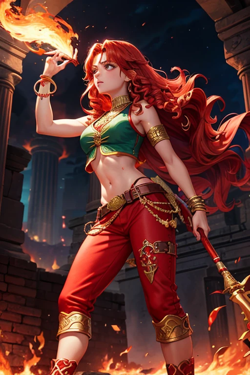 Merida 18 year old girl long curly redhead hair djinn clothing red top with open sleeveless vest copper red vest with silver Arabic print red Arabic pants golden belt djinn bracelet with red gems rubies brown boots red phosphorescent tattoos surrounded by fire and red smoke on a background of arab ruins