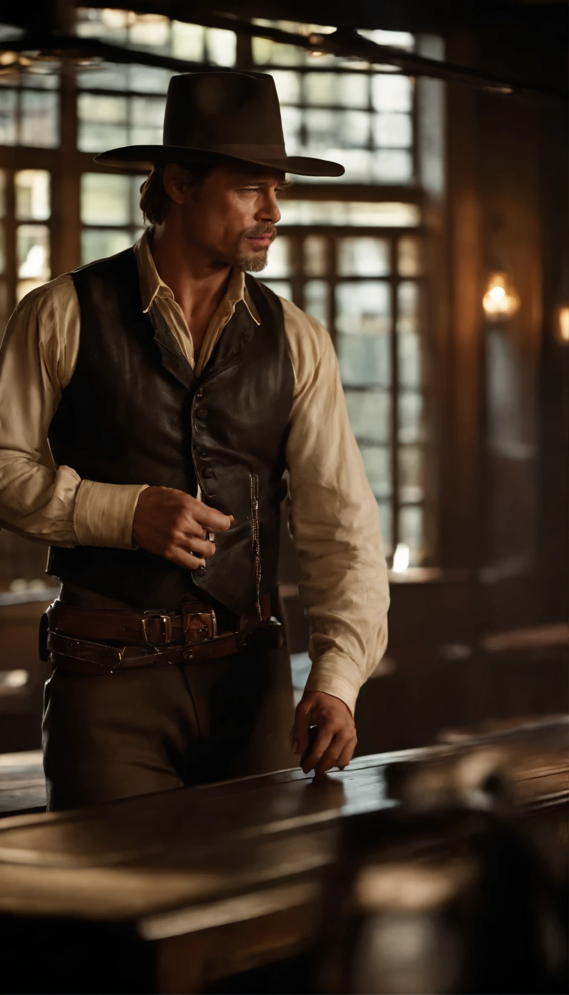 In a high-definition scene from the movie that evokes the Wild West、The film depicts legendary outlaw Billy the ???, played by Brad Pitt, standing boldly in a dimly lit bar.。With a smirk、Casually holding a gun in each hand、Point the camera straight、It exudes an aura of both menace and charisma.。This image was taken in the highest quality possible.、His weathered leather jacket、Dusty bar atmosphere、The cold steel glare of a pistol、Showing off intricate detail。This amazing video is full of cinematic drama.、A testament to the masterful artistry of modern filmmaking. A closer look at Brad Pitt's face.