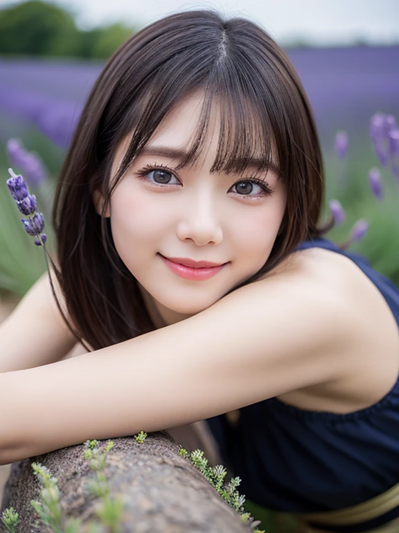 (squat)、(highest quality:1.5)、(Realistic:1.5)、(1 person:1.5)、(Very detailed)、(High resolution)、8k、(Wear a dark dress with lace)、(Small breasts)、Natural color lips、Cute Smile、20-year-old girl、(Beautiful and elaborate face)、(Perfect and beautiful face)、(Big eyes)、(Beautiful and elaborate face)、(Beautiful, balanced eyes)、Perfect and beautiful double eyelids、Perfect and beautiful face、Arched eyebrows、 Thin eyebrows、Feminine poses、Slim face、(Slim figure)、Beautiful and thin nose、 Beautiful Skin、(ミディアムBob Hair)、Bob Hair、Natural Bangs、Fair skin、Front lighting、(Lighting the face)、Deep blue eyes、Slim waistline、(A hill full of lavender)、(lim and beautiful legs、Lavender Fields、