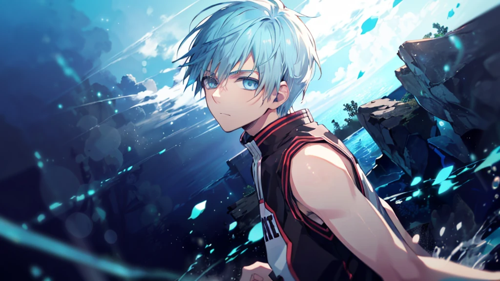 ((highest quality, super detailed,detailed eyes:1.3)),(((total 1 boy:1.2))),cool face,light blue hair,short,hair,light blue eyes,kuroko tetsuya,basketball uniform,(aqua blue aura background:1.2),(from side,cowboy shot,face focus,looking for viewer:1.1)