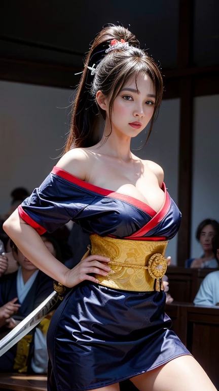 Timeless charm, elegance, photo movie-like ultra-ultra high definition, super real, 8K, ticker, ultra high resolution, masterpiece, (Photo Real Stick: 1.2), sharp focus,
1girl, cowboy shot, female warlord from the Sengoku period, accurate anatomy, pose during battle, stern expression, (highly detailed skin and facial texture: 1.2), (female samurai with a sharp Japanese sword: 1.3) , (Battle:1.2), Beautiful and aesthetic, Cute and sexy beauty, (Perfect style:1.2), Fair skin, very beautiful face, black eyes, long black hair in a ponytail, messy hair, beautiful face, exquisite face , perfect proportions, drop-shaped breasts, plump breasts, thighs, (wearing a sexy Sengoku uniform: 1.1), (off-shoulder), (beautiful brown eyes, ), (dynamic pose, changing poses, dynamic angles) ,),