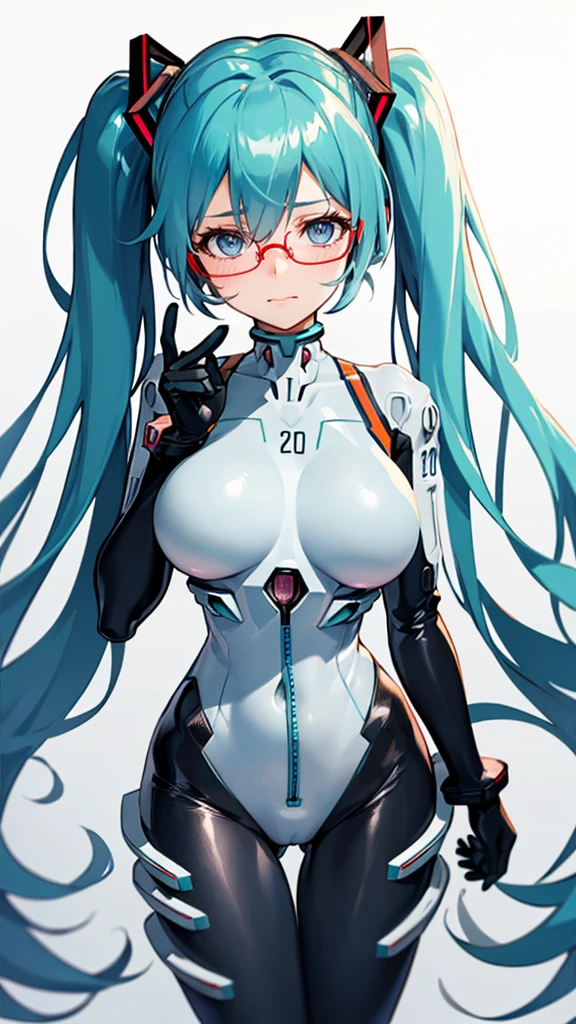 Hatsune Miku Vocaloid, Twin Tails, Light Blue Eyes, Light Blue Hair, Pichi Pichi Bodysuit, plug suit Neon Genesis Evangelion, Ultimate Physical Beauty, Beautiful Eyes, embarrassed look , ((Big Breasts)), 8K CG, Top Quality, Best Image Quality, 2D digital illustration, 1cute girl, cat tail, 1 girl, glasses,