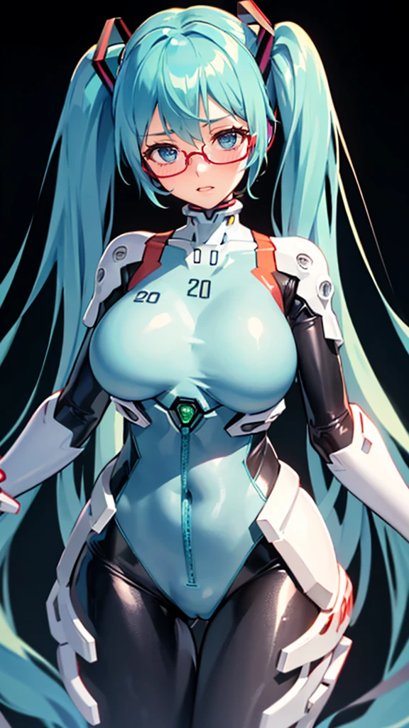 Hatsune Miku Vocaloid, Twin Tails, Light Blue Eyes, Light Blue Hair, Pichi Pichi Bodysuit, plug suit Neon Genesis Evangelion, Ultimate Physical Beauty, Beautiful Eyes, embarrassed look , ((Big Breasts)), 8K CG, Top Quality, Best Image Quality, 2D digital illustration, 1cute girl, cat tail, 1 girl, glasses,