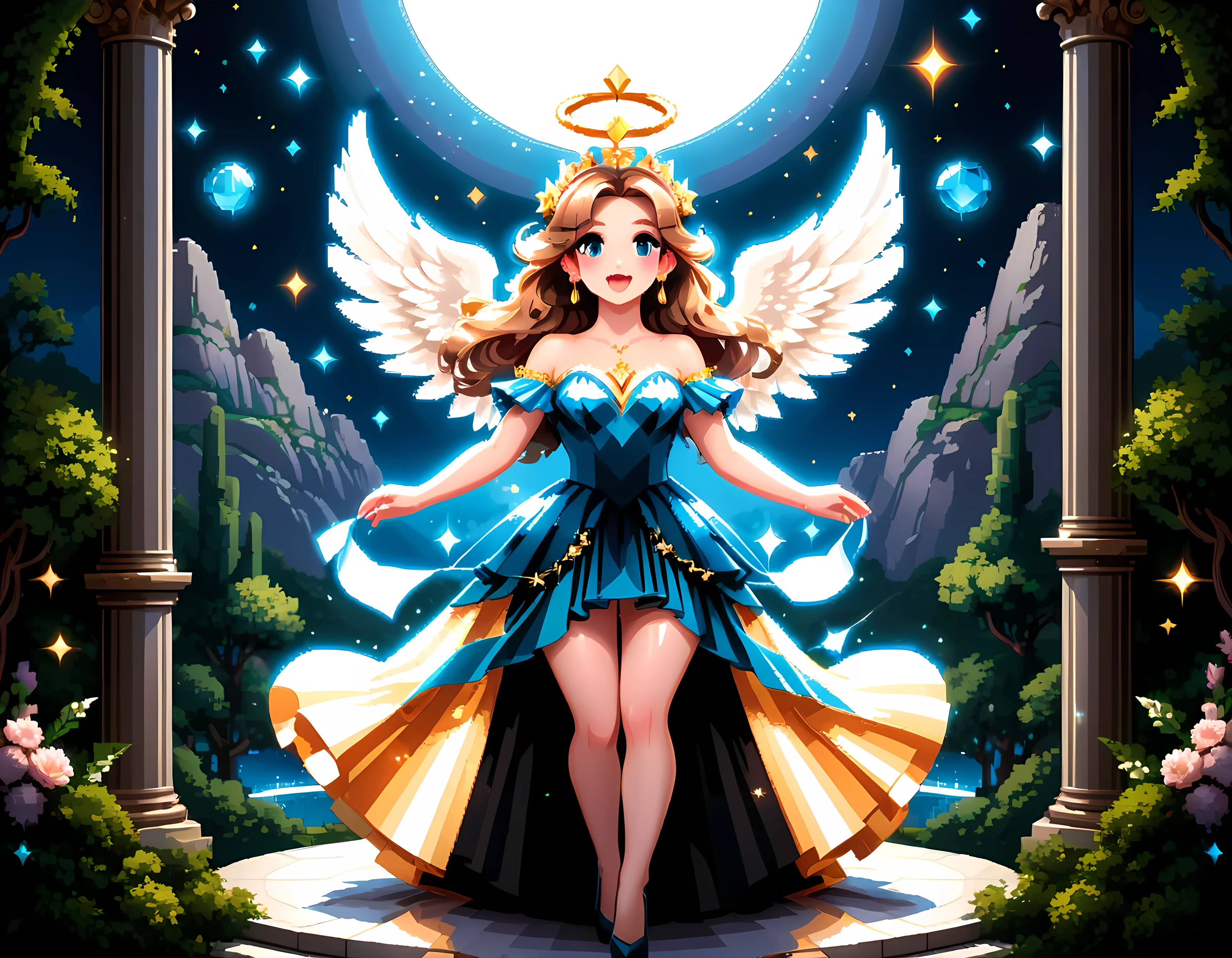 Bright epic professional cute cartoon pixel illustration, (masterpiece in maximum 16K resolution, superb quality, ultra detailed:1.3), (French angelic idol in stunning sleek dress) singing on a luxurious round stage atop the majestic peak, magic Greek garden, sparkles amidst the ethereal misty realm, natural lighting.