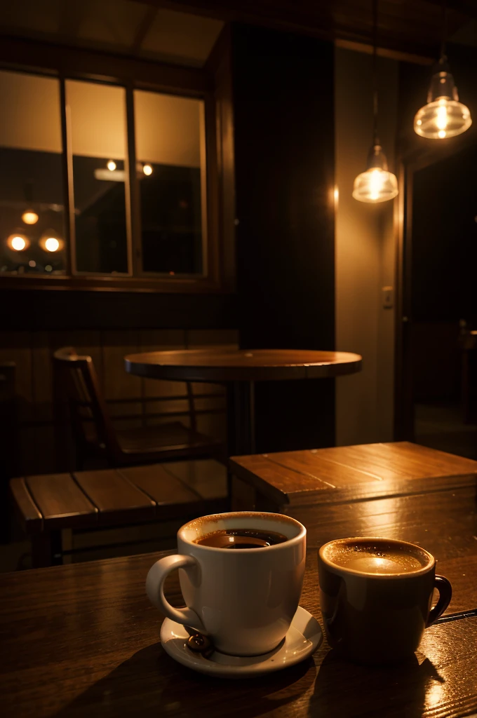 The coffee cup placed at table at night with warm atmosphere low light relaxation vibe. Acoustic music is being played and time is being slowly passed. Put Lofi on the right hand top counter.