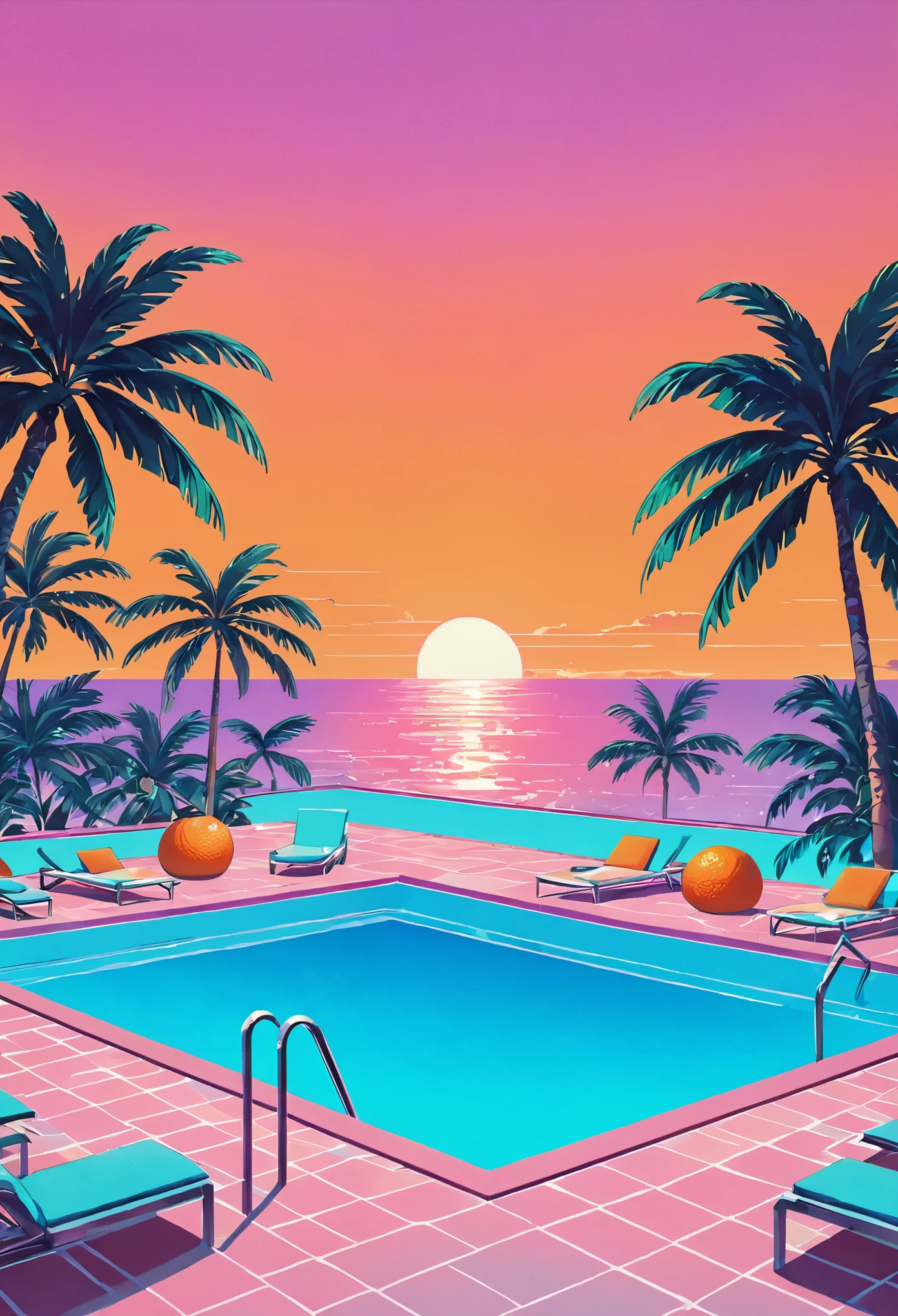 Envision an artwork deeply immersed in the vaporwave aesthetic of the 80s, inspired by Yoko Honda’s vibrant style. Picture a retro-futuristic pool and beach scene at sunset, where the sky blazes with the warm hues of an 80s summer sunset—intense oranges, pinks, and reds reflecting off the tranquil sea and pool waters. Around the pool, neon-lit palm trees and coconut trees sway gently, enhancing the tropical and surreal atmosphere. Neon lights in geometric patterns illuminate the scene, casting a dreamlike glow over everything. The background features a chic beachside bar with interiors visible through large glass windows, showcasing a room with pastel-colored walls and floors covered in luxurious terrazzo and marble textures. The overall ambiance combines nostalgic luxury with vibrant, warm color palettes, creating a scene that is both timeless and distinctly evocative of the 80s.