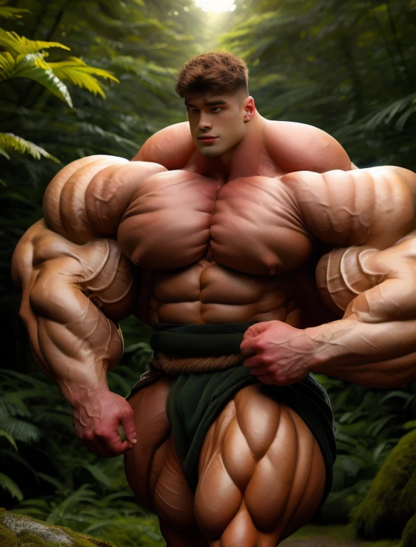 1boy, giant, model shoot style, looking at viewer, standing, illuminating light, outdoor, strong body, bulk, large size, standing, sunmer, in the forest, white short loincloth, prominent bulge, big, brutalmass, giant, muscular body, bulk, massive body, bod, large meaty body size