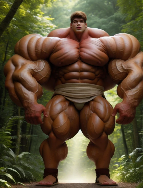 1boy, giant, model shoot style, looking at viewer, standing, illuminating light, outdoor, strong body, bulk, large size, standing, sunmer, in the forest, white short loincloth, prominent bulge, big, brutalmass, giant, muscular body, bulk, massive body, bod, large meaty body size