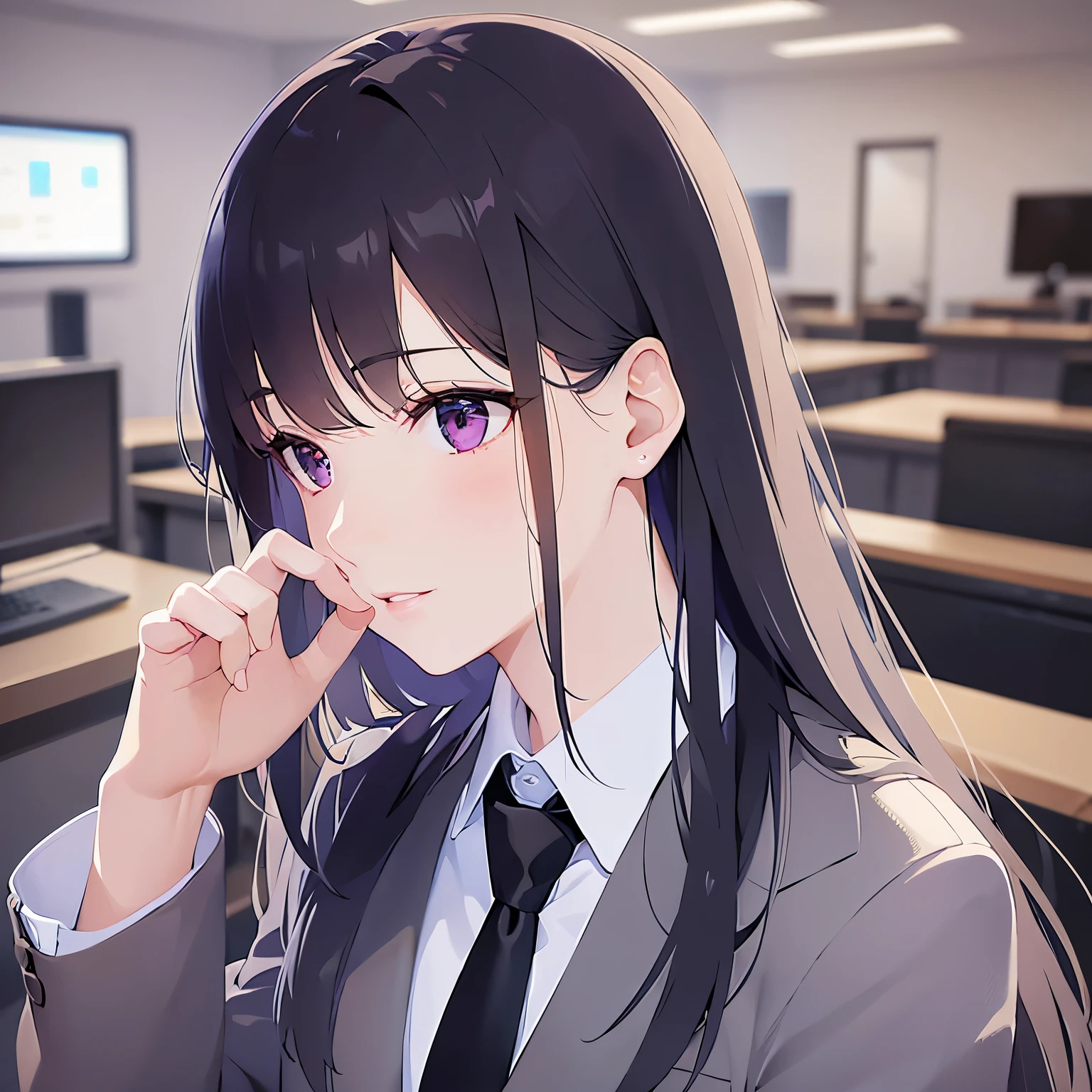 raising hand, Biologically correct five fingers、side angle, (looking away:1.5), Realistic, real person, (pale skin: 1.2), (RAW photo:1.5), photorealistic, shiny skin, shiny hair、(A 25-year-old woman with straight hair and bangs) and (medium hair) and (black hair) and (purple eyes) and (half eyes), business suit, smile, The background is an office conference room、alone、Are standing