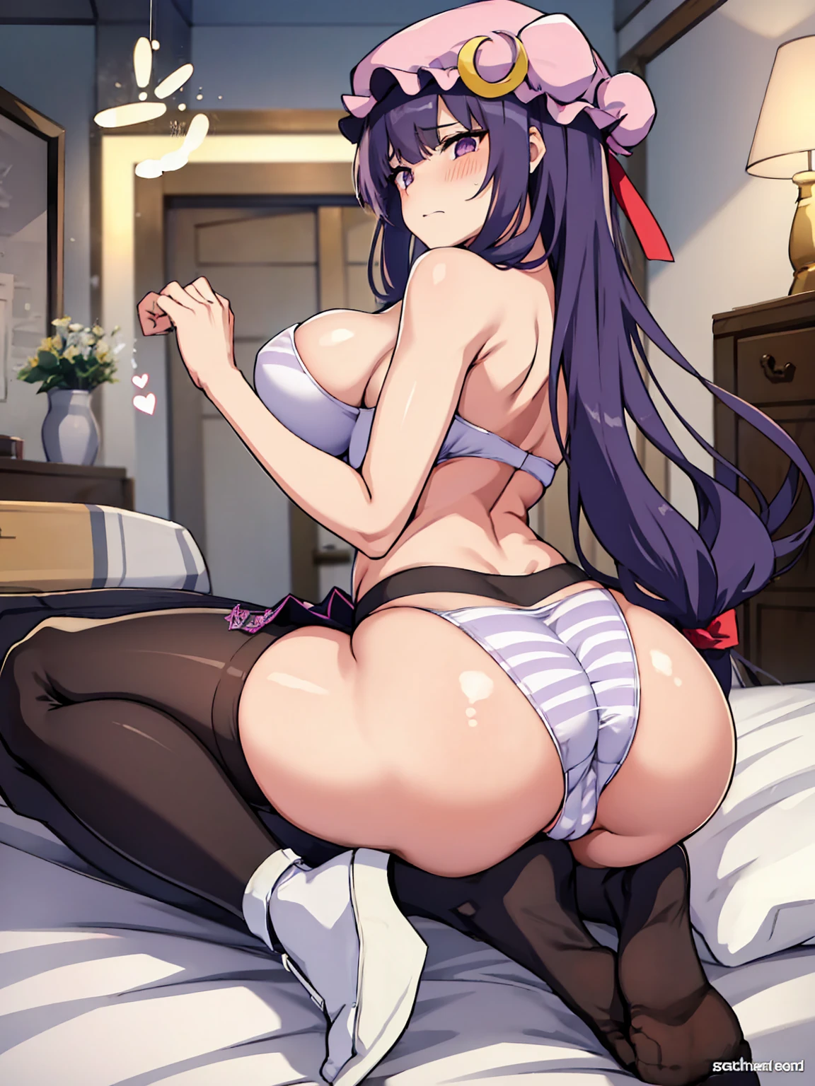 patchouli、Beautiful woman、Thick thighs、Best image quality、High resolution、masterpiece、super high quality、Spread your legsしゃがむ、Super big ass、Striped bra、striped panties、Panties are visible through a very short pleated skirt、Big Ass、Large Breasts 、Blushing、4K quality、Blushing、Proud face、Wearing black knee socks、bed、Spread your legsしゃがむ、Panty shot、Sweaty all over、Heavy breathing、Chest is bobbing up and down、heart、Condescending look、Low Angle、Zoom in on the crotch、(From below:1.2)、Sit on the living room couch with your knees raised, Spread your legs、(Back pose:1.3) or (Back view:1.2)