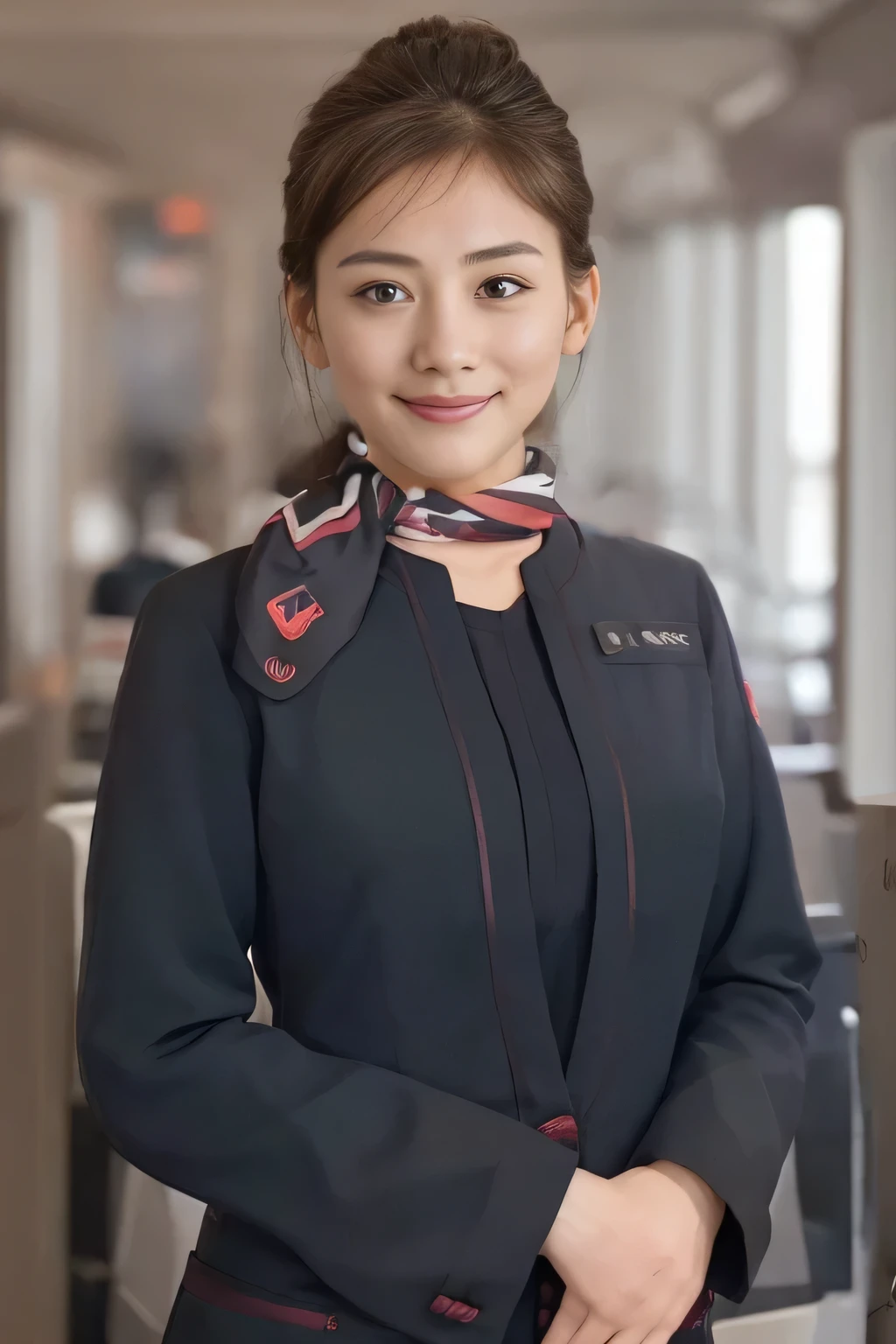 (masterpiece:1.2、highest quality:1.2)、32K HDR、High resolution、(alone、1 girl、Slim figure)、（A realistic style wearing the JAL cabincrew uniform）、 (At the airport counter, Professional Lighting)、A proper woman, Beautiful Face,、（Black JAL cabincrew uniform）、（Long sleeve JAL cabin crew uniform）、（Scarf around the neck）、Big Breasts、（Long hair updo、Chignon）、Dark brown hair、Long Shot、（（Fine hand：2.0））、（（Harmonious body proportions：1.5））、（（Normal limbs：2.0））、（（Normal finger：2.0））、（（Delicate eyes：2.0））、（（Normal eyes：2.0））)、Beautiful standing posture、smile