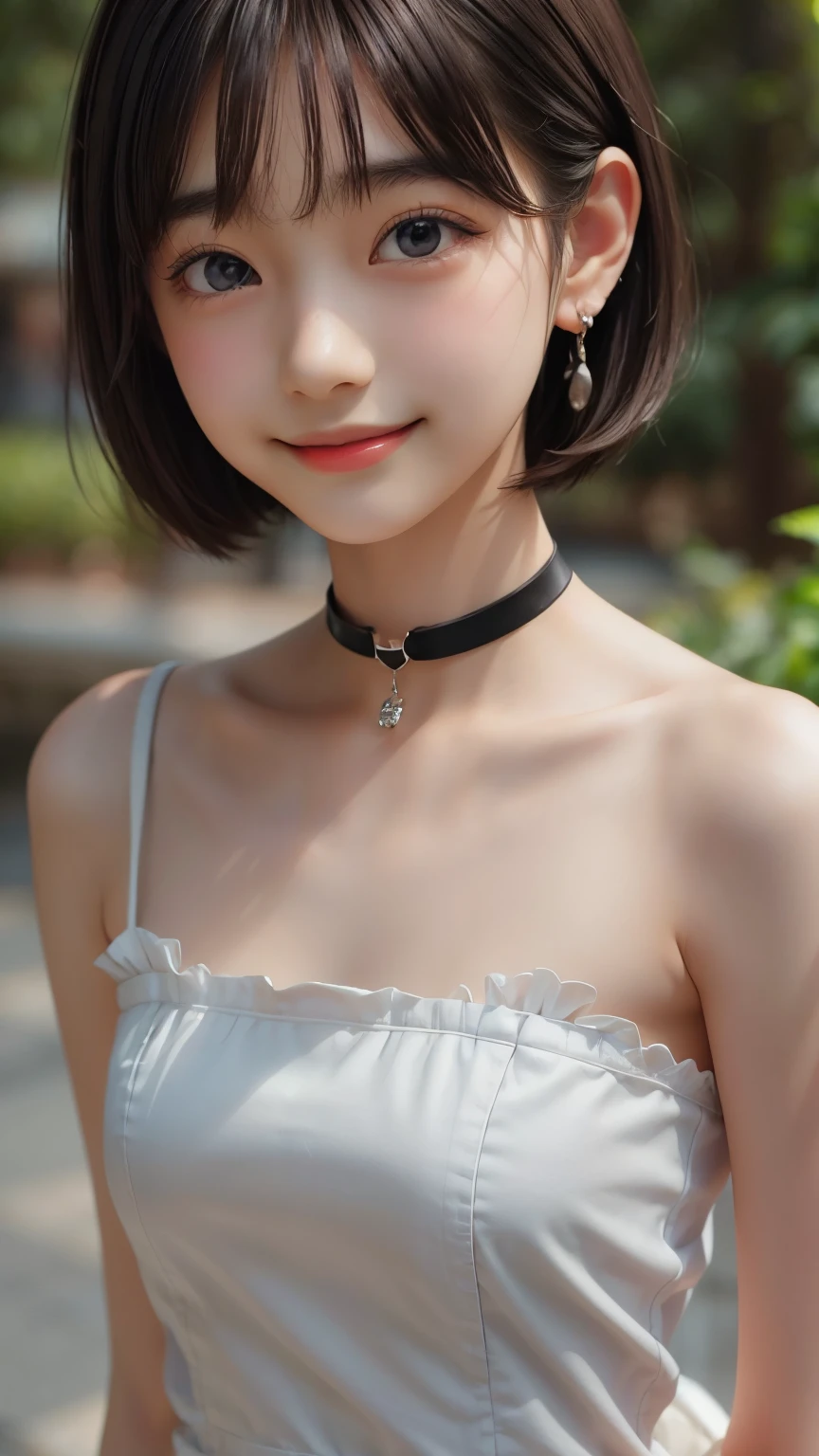 ((sfw: 1.4)), ((sfw, arms behind back, earrings, hairpin, choker, extra short hair, sidelocks-hair, smile, 1 girl)), ultra high resolution, (real: 1.4), RAW photo, highest quality, (photorealistic), focus ,Soft light,(()),((Japanese)),(((Young face))),(Surface),(Depth of field),Masterpiece,(Photoreal),Woman,Bangs,( (1 girl)