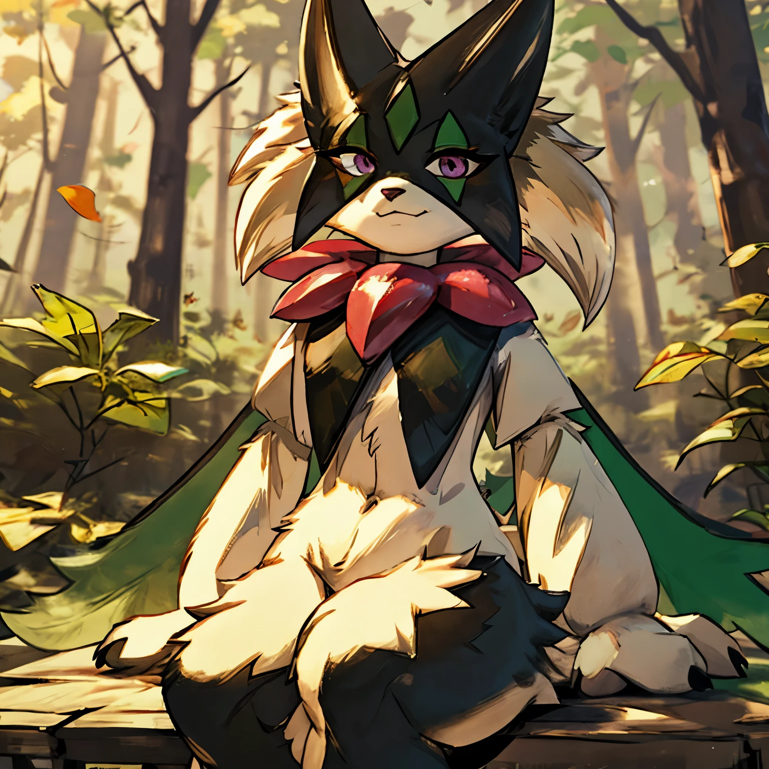 Masterpiece, Medium full shot Portrait, The best quality, the highest picture quality, Detailed, Meowscarada, Pokémon, short snout, detailed eyes, forest background, day, female, solo, sarcastic smile, sitting on a log with leaves, looking down