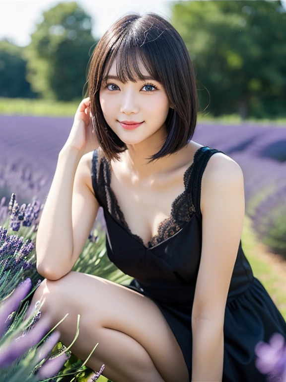(squat)、(highest quality:1.5)、(Realistic:1.5)、(1 person:1.5)、(Very detailed)、(High resolution)、8k、(Wear a dark dress with lace)、(Small breasts)、Natural color lips、Cute Smile、20-year-old girl、(Beautiful and elaborate face)、(Perfect and beautiful face)、(Big eyes)、(Beautiful and elaborate face)、(Beautiful, balanced eyes)、Perfect and beautiful double eyelids、Perfect and beautiful face、Arched eyebrows、 Thin eyebrows、Feminine poses、Slim face、(Slim figure)、Beautiful and thin nose、 Beautiful Skin、(ミディアムBob Hair)、Bob Hair、Natural Bangs、Fair skin、Front lighting、(Lighting the face)、Deep blue eyes、Slim waistline、(A hill full of lavender)、(lim and beautiful legs、Lavender Fields、