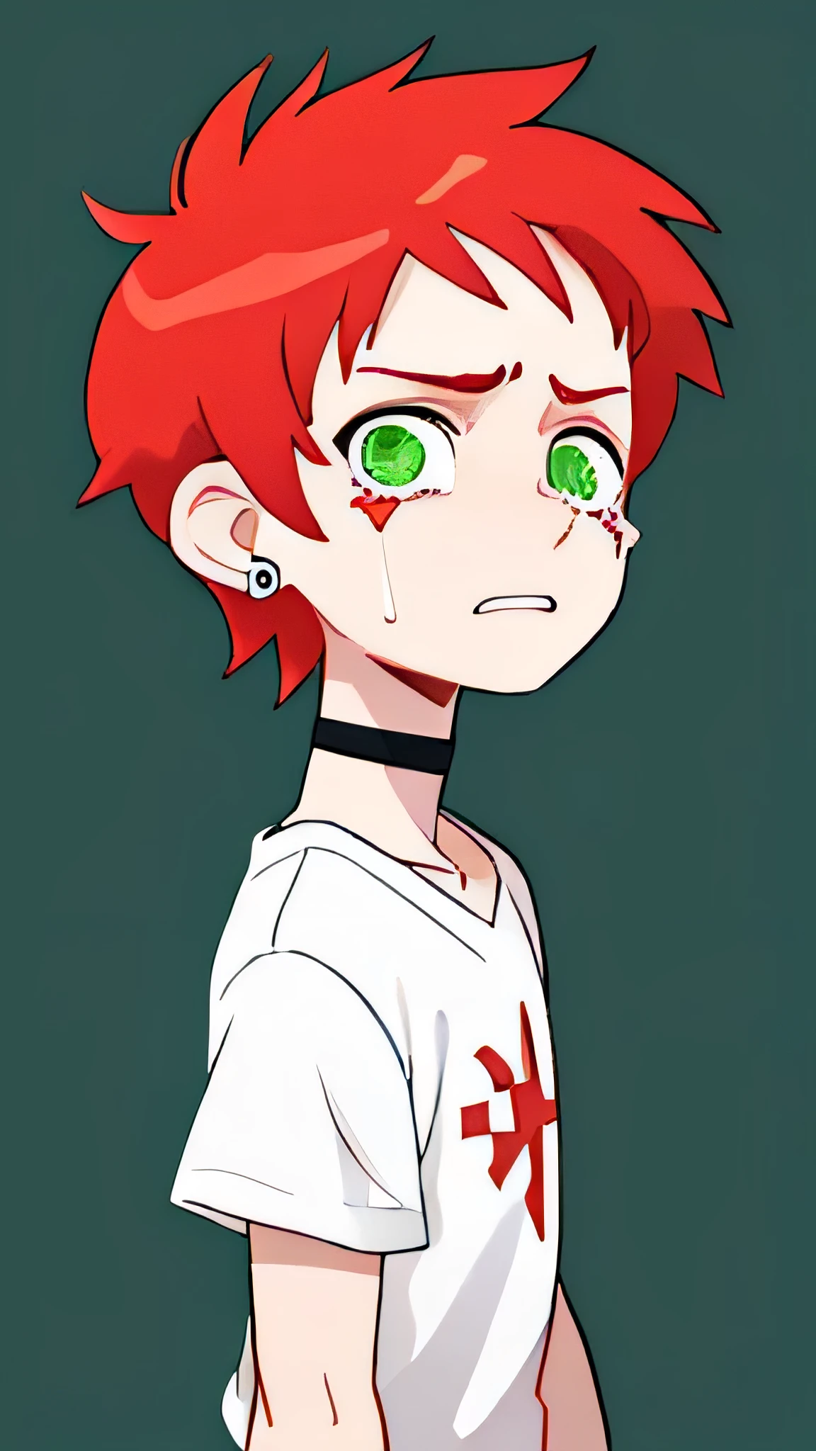 Red haired guy anime, looking at the camera,Short Hair,choker, Silver batten mark earrings,White shirt, Hopeless, Desperate, Despair face,Fantasy, teeth, With eyes wide open, Green Eyes,Lightless Eyes,Illness,dark,dark,Look sick, crazy,tears,Sad Face,Red Tears