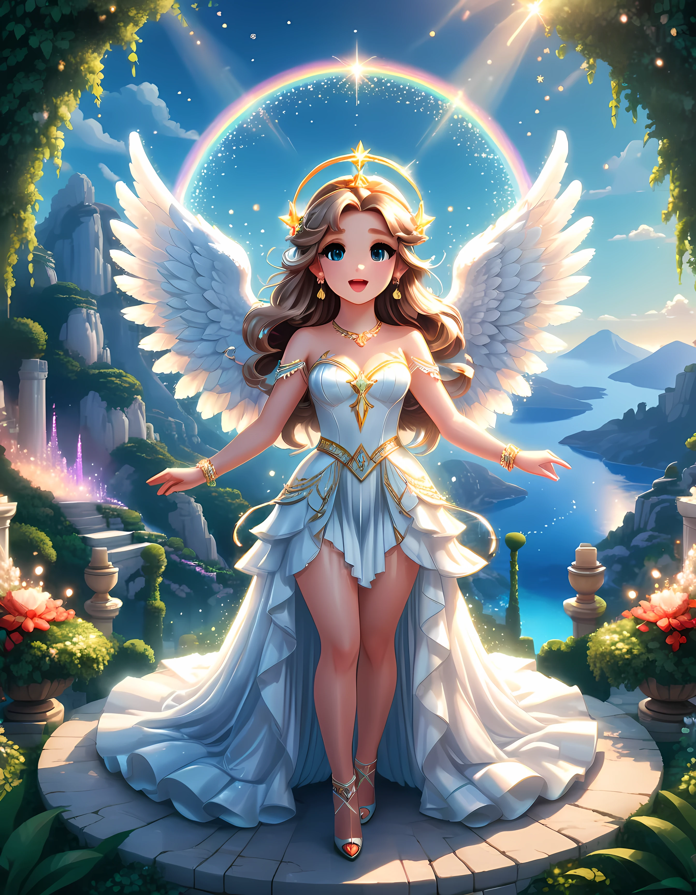 Bright epic professional cute cartoon pixel illustration, (masterpiece in maximum 16K resolution, superb quality, ultra detailed:1.3), (French angelic idol in stunning sleek dress) singing on a luxurious round stage atop the majestic peak, magic Greek garden, sparkles amidst the ethereal misty realm, natural lighting.