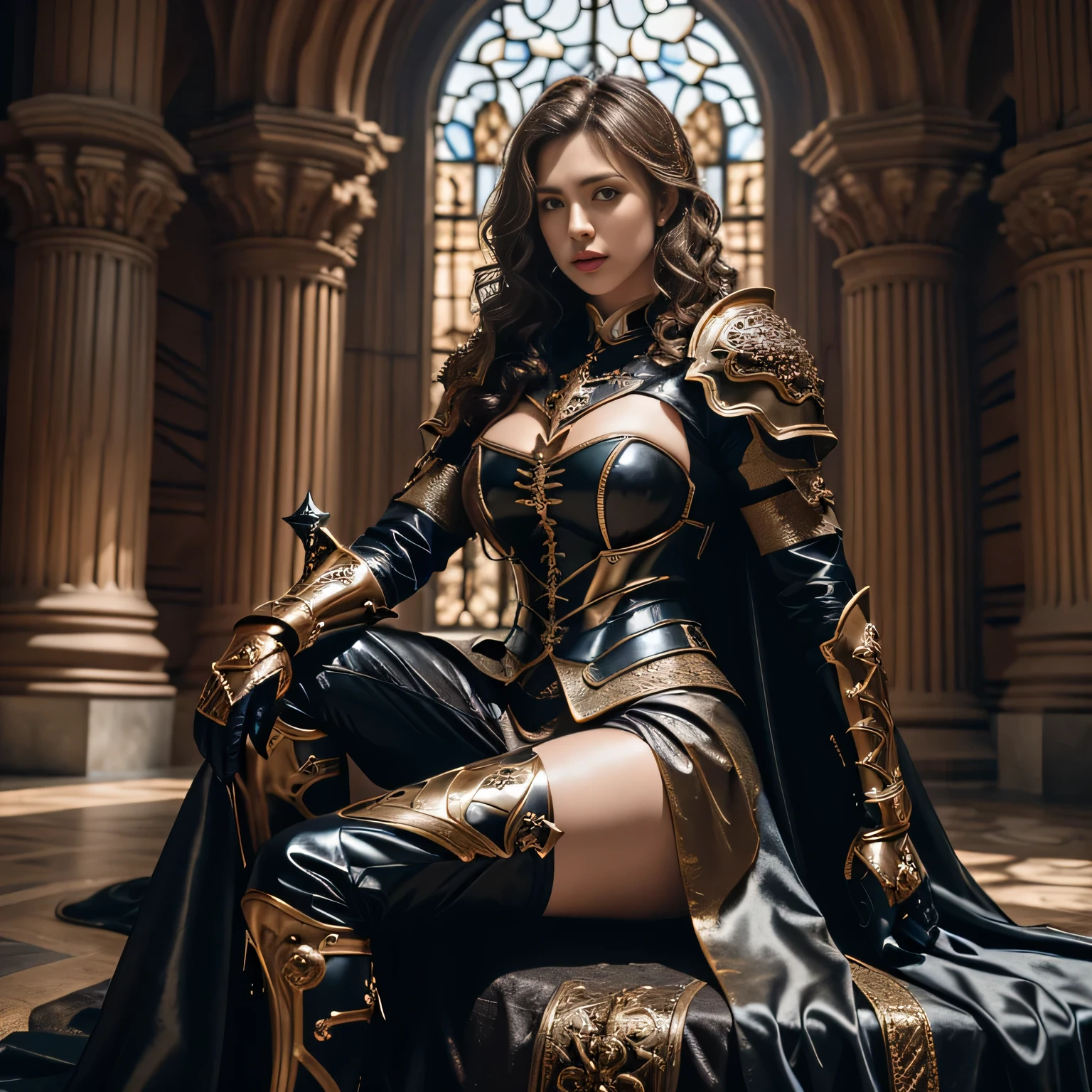 Busty brunette, knight in intricate armor, masterpiece, best quality, realistic, hyperrealistic, 16k hdr, photorealistic, cinematic, medieval scene, knight's throne view, 25yo, voluptuous woman,(brown hair, cascading curls:1.3),brown leather armor,enhanced breasts,from front,seated,chest focus,chainmail, gloved hands resting on sword, dramatic lighting, knightly background, knight's portrait view, high resolution, ultra-detailed, ultra-sharp, chivalric atmosphere, 1 girl, full body armor, brown eyes, detailed