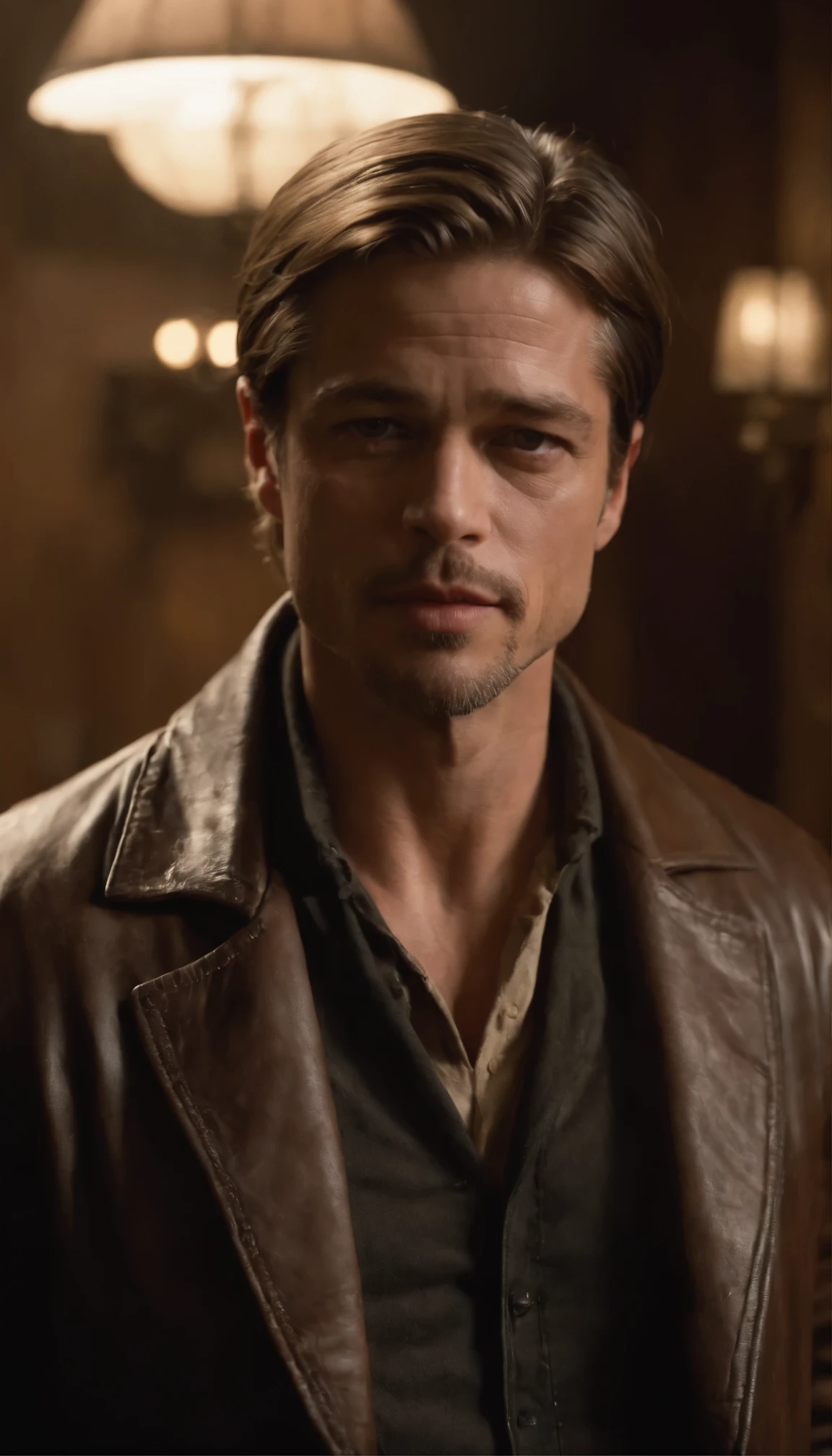In a high-definition scene from the movie that evokes the Wild West、The film depicts legendary outlaw Billy the Kid, played by Brad Pitt, standing boldly in a dimly lit bar.。With a smirk、Casually holding a gun in each hand、Point the camera straight、It exudes an aura of both menace and charisma.。This image was taken in the highest quality possible.、His weathered leather jacket、Dusty bar atmosphere、The cold steel glare of a pistol、Showing off intricate detail。This amazing video is full of cinematic drama.、A testament to the masterful artistry of modern filmmaking. A closer look at Brad Pitt's face.