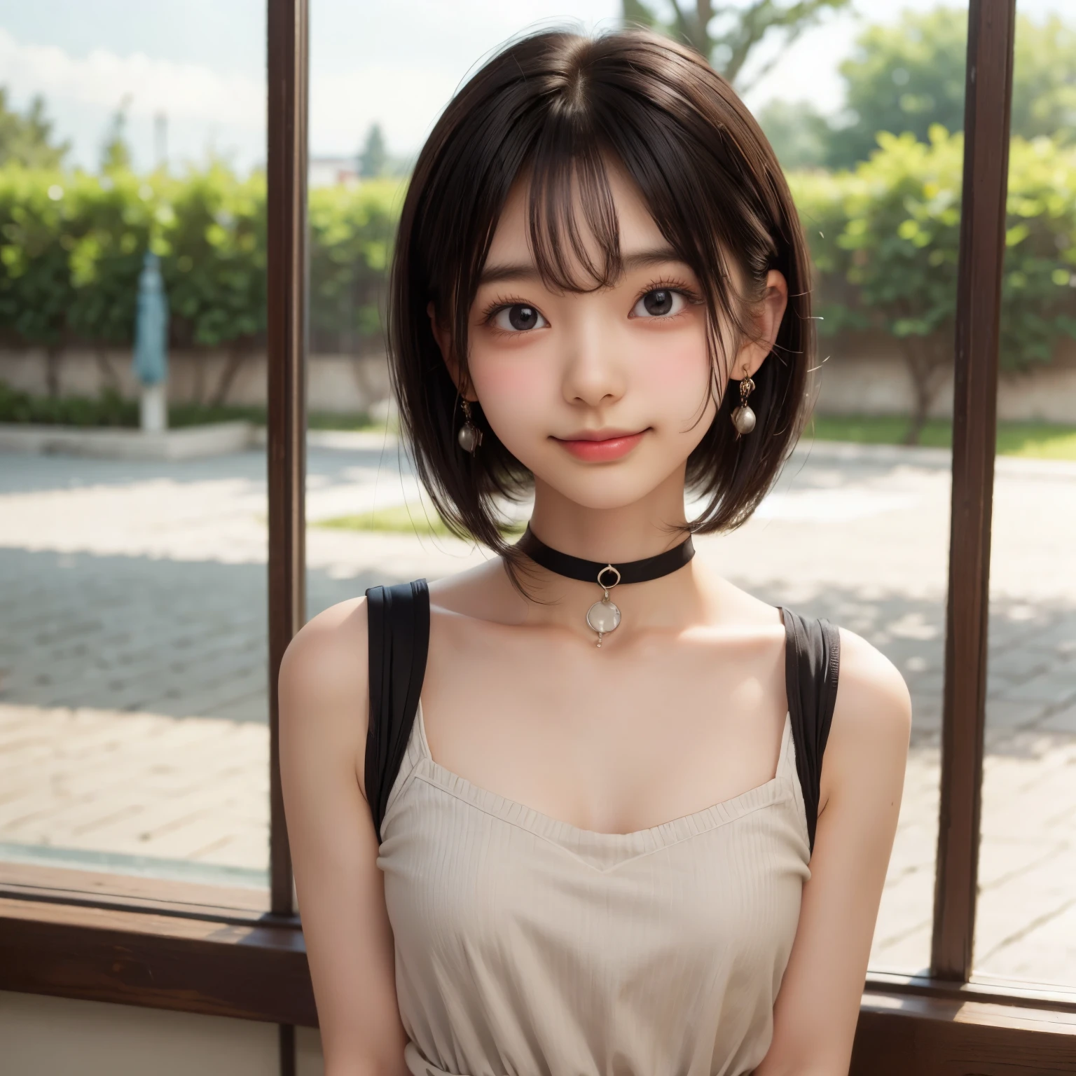 ((sfw: 1.4)), ((sfw, arms behind back, earrings, hairpin, choker, extra short hair, sidelocks-hair, smile, 1 girl)), ultra high resolution, (real: 1.4), RAW photo, highest quality, (photorealistic), focus ,Soft light,((15 years old)),((Japanese)),(((Young face))),(Surface),(Depth of field),Masterpiece,(Photoreal),Woman,Bangs,( (1 girl)