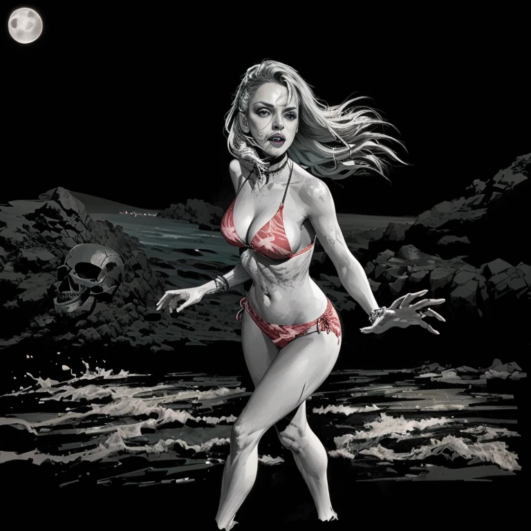 arafed woman in a bikini walking on the beach with a full moon in the background, bikini. Hell Background. Goa, Entropy women, Comic Digital Art, female vampire, Official artwork, Horror illustration, by Zoran Mušič, Skull on her hip, Wild scruffy woman, She is dancing. Realistic