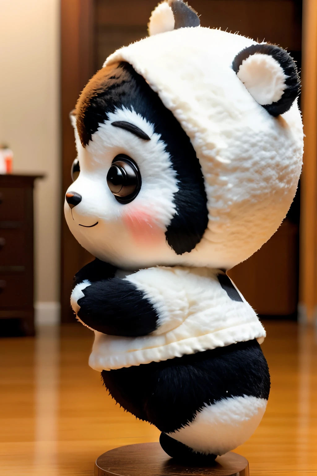 anime、A wearing a panda costume、cute pose、Take a photo from the side、laughter