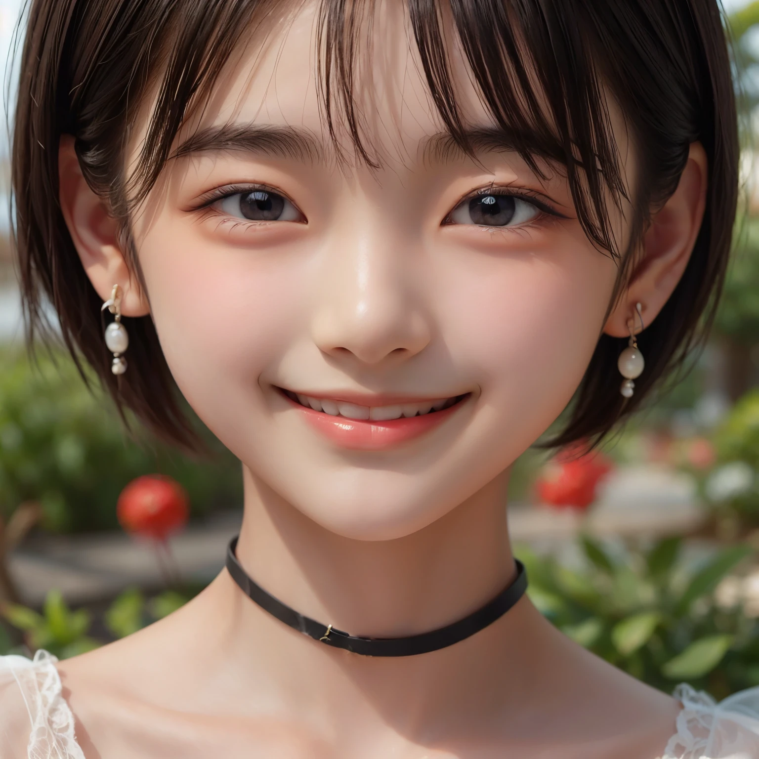Black and White、monotone、PAPERCUT、woman、Baby Face、 smiling、, Extra Short Hair, Side lock hair、Earrings