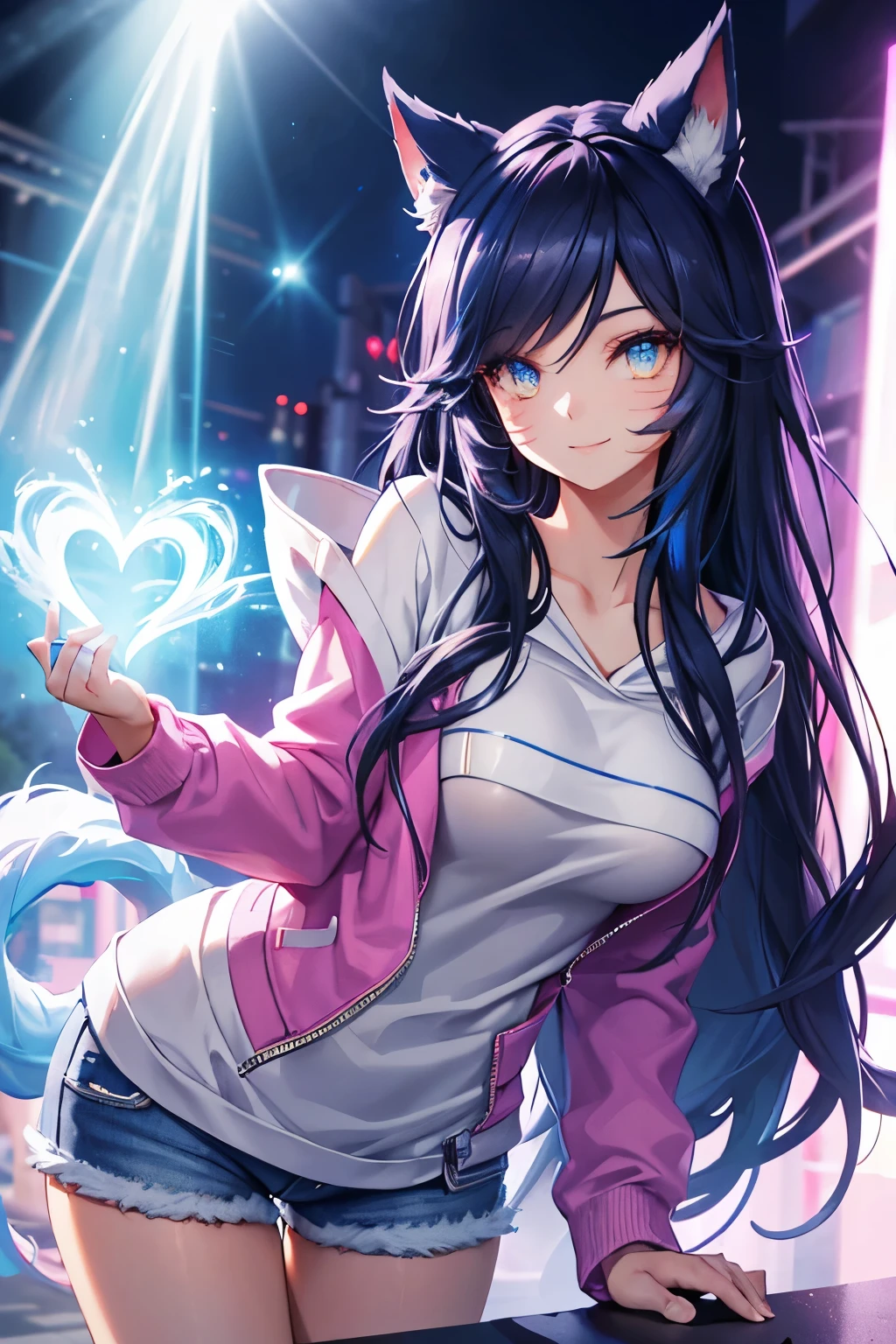 Ahri wearing a casual light grey hoodie,short jeans, beautiful detailed eyes, smiling face, longeyelashes, her tails forming a heart shape behind her, standing on a sidewalk, sun shining, vivid colors, photo-realistic, portraits, medium:illustration. (best quality,ultra-detailed,HDR,colorful vivid appearance,studio lighting)