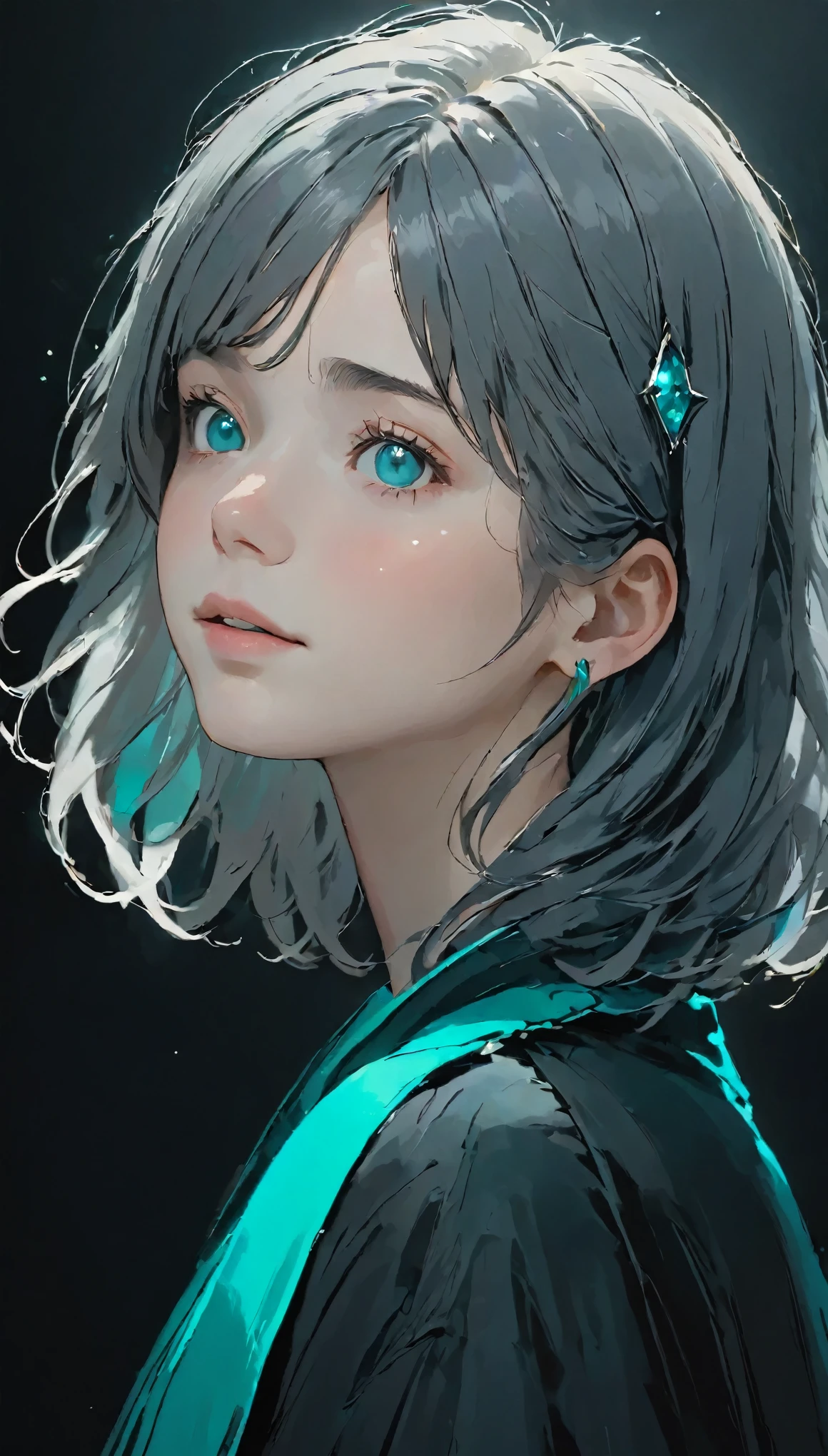 Multicolor, 1 girl, night, dark, Grey Hair,(Detailed gray eyes), Looking at the audience, Upper Body, Face-to-face audience, Limited palette, Black background,Shining turquoise