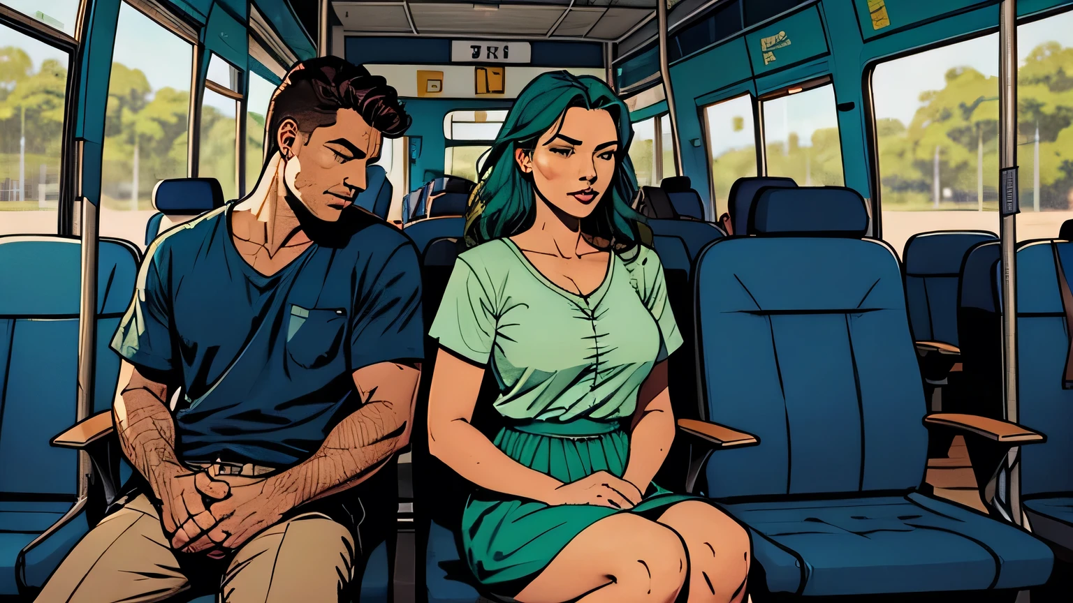 UMA MULHER LOURA DE SAIA AZUL E BLUSA VERDE NO ONIBUS, SHE IS SITTING NEXT TO A MAN WHO IS SLEEPING