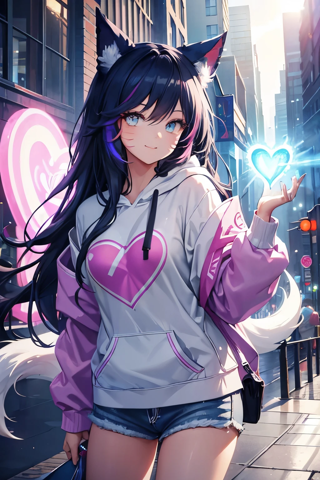 Ahri wearing a casual light grey hoodie,short jeans, beautiful detailed eyes, smiling face, longeyelashes, her tails forming a heart shape behind her, standing on a sidewalk, sun shining, vivid colors, photo-realistic, portraits, medium:illustration. (best quality,ultra-detailed,HDR,colorful vivid appearance,studio lighting)