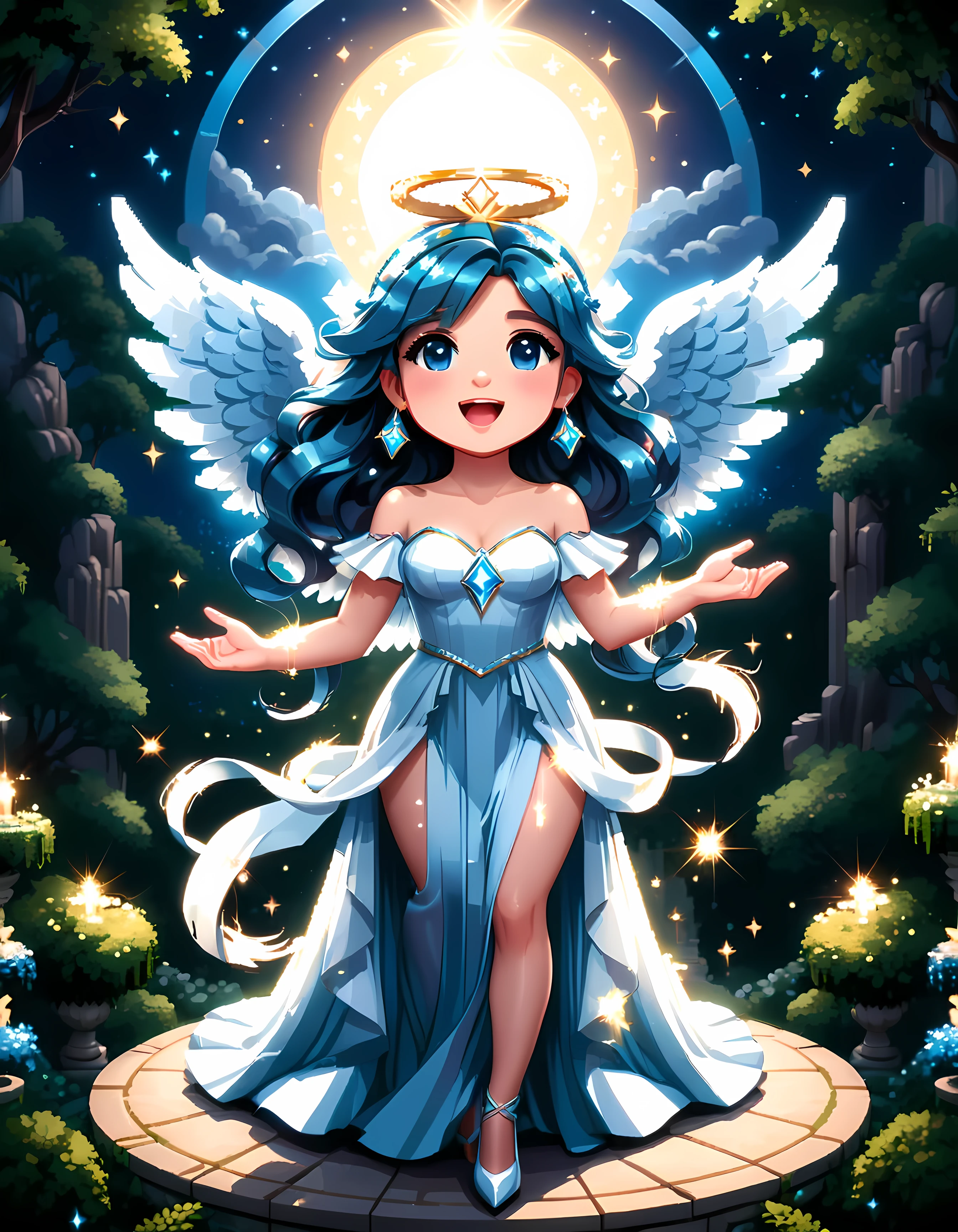 Bright epic professional cute cartoon pixel illustration, (masterpiece in maximum 16K resolution, superb quality, ultra detailed:1.3), (French angelic idol in stunning sleek dress) singing on a luxurious round stage atop the majestic peak, magic Greek garden, sparkles amidst the ethereal misty realm, natural lighting.