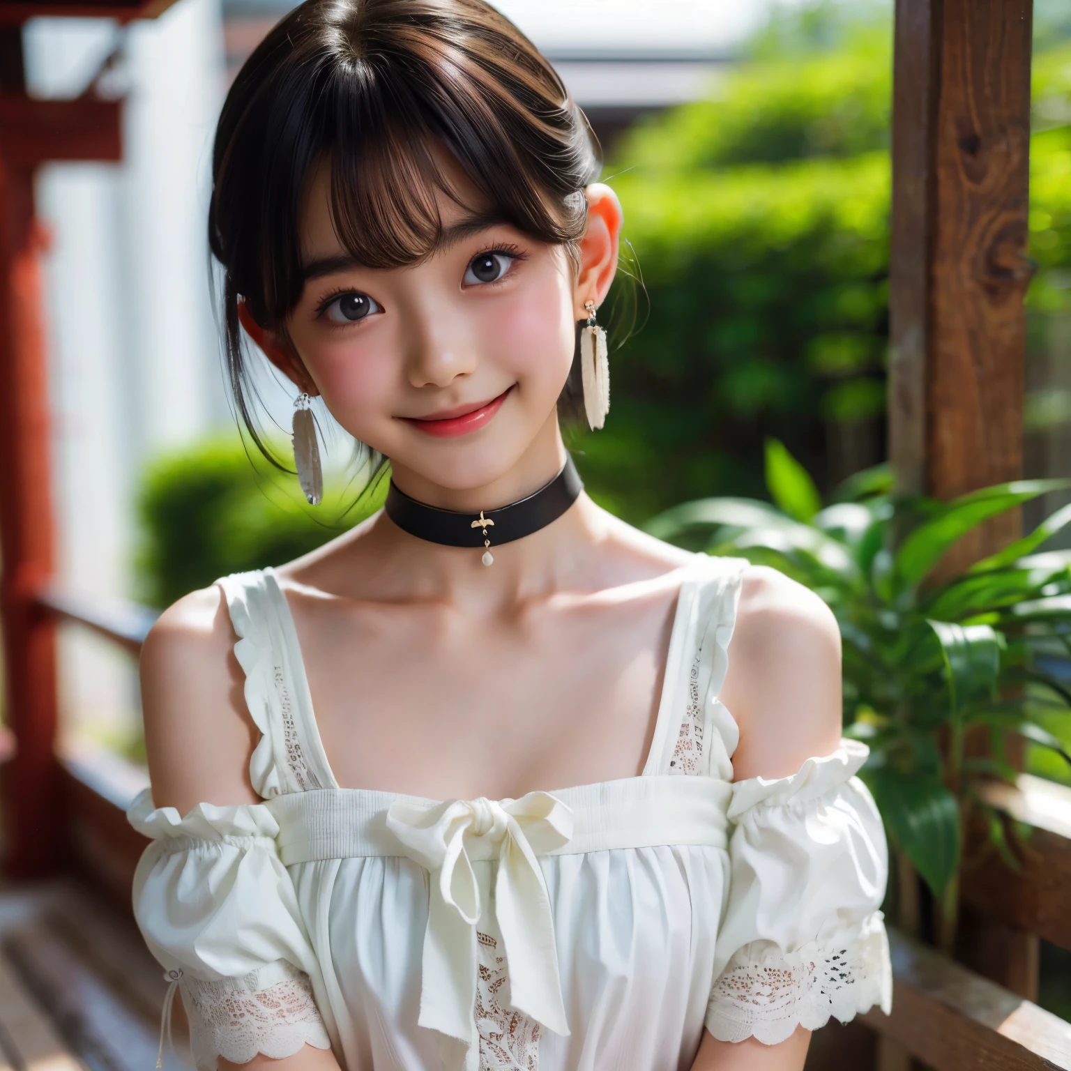 ((sfw: 1.4)), ((sfw, arms behind back, earrings, hairpin, choker, extra short hair, sidelocks-hair, smile, 1 girl)), ultra high resolution, (real: 1.4), RAW photo, highest quality, (photorealistic), focus ,Soft light,(()),((Japanese)),(((Young face))),(Surface),(Depth of field),Masterpiece,(Photoreal),Woman,Bangs,( (1 girl)