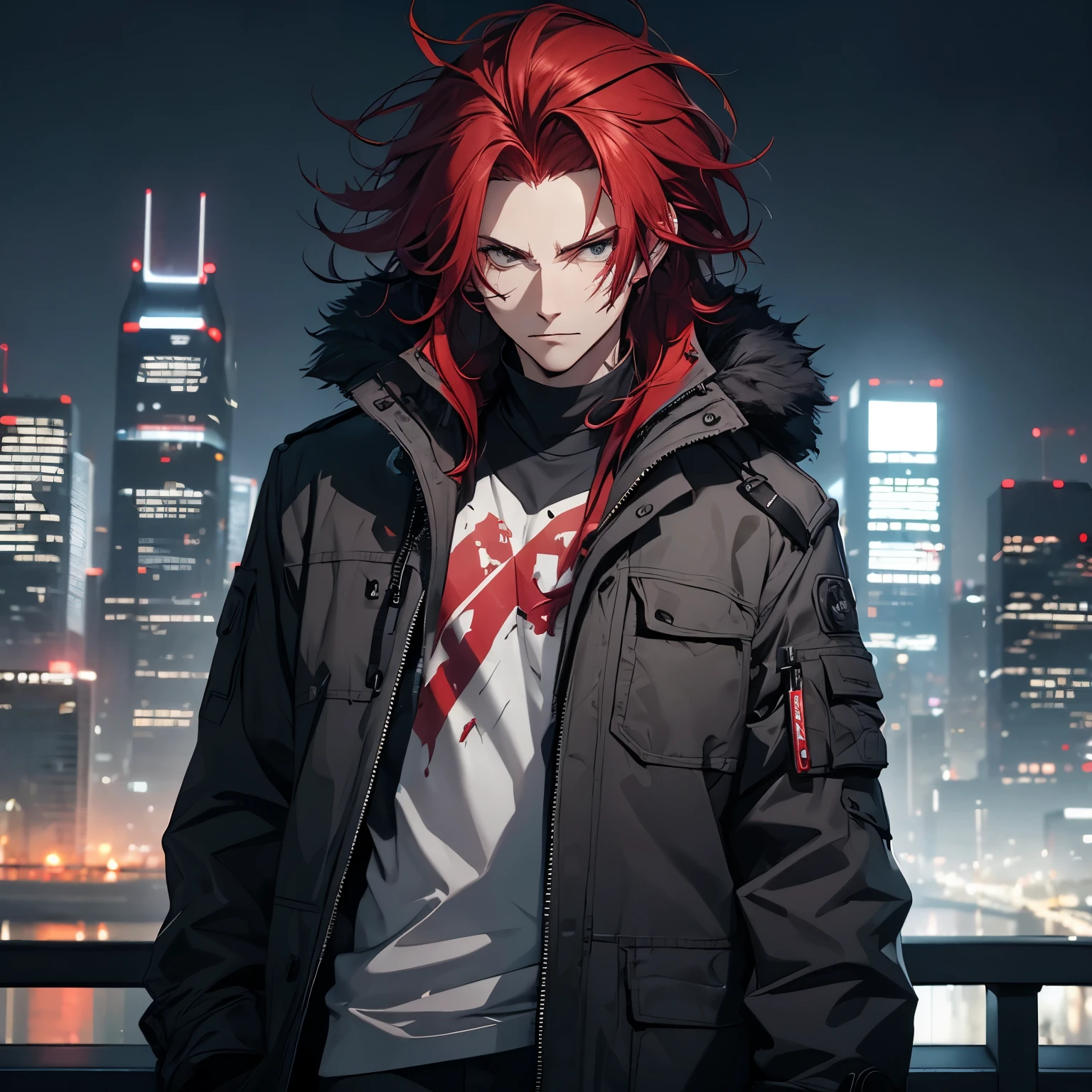 man, messy curved hair, red hair, cut scar on the right cheek, wearing a gray coat with black details, night city in the background. Knife in hand