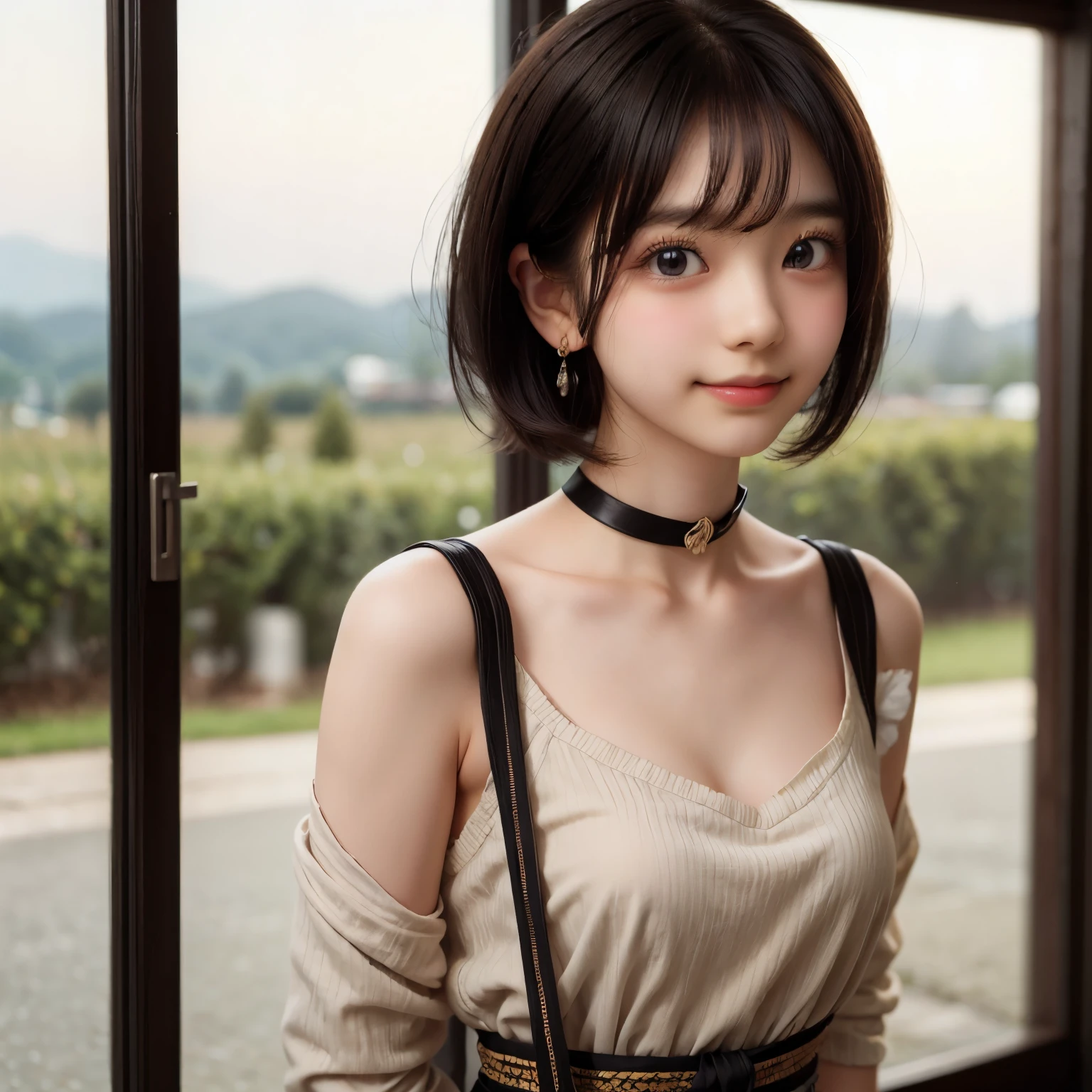 ((sfw: 1.4)), ((sfw, arms behind back, earrings, hairpin, choker, extra short hair, sidelocks-hair, smile, 1 girl)), ultra high resolution, (real: 1.4), RAW photo, highest quality, (photorealistic), focus ,Soft light,(()),((Japanese)),(((Young face))),(Surface),(Depth of field),Masterpiece,(Photoreal),Woman,Bangs,( (1 girl)