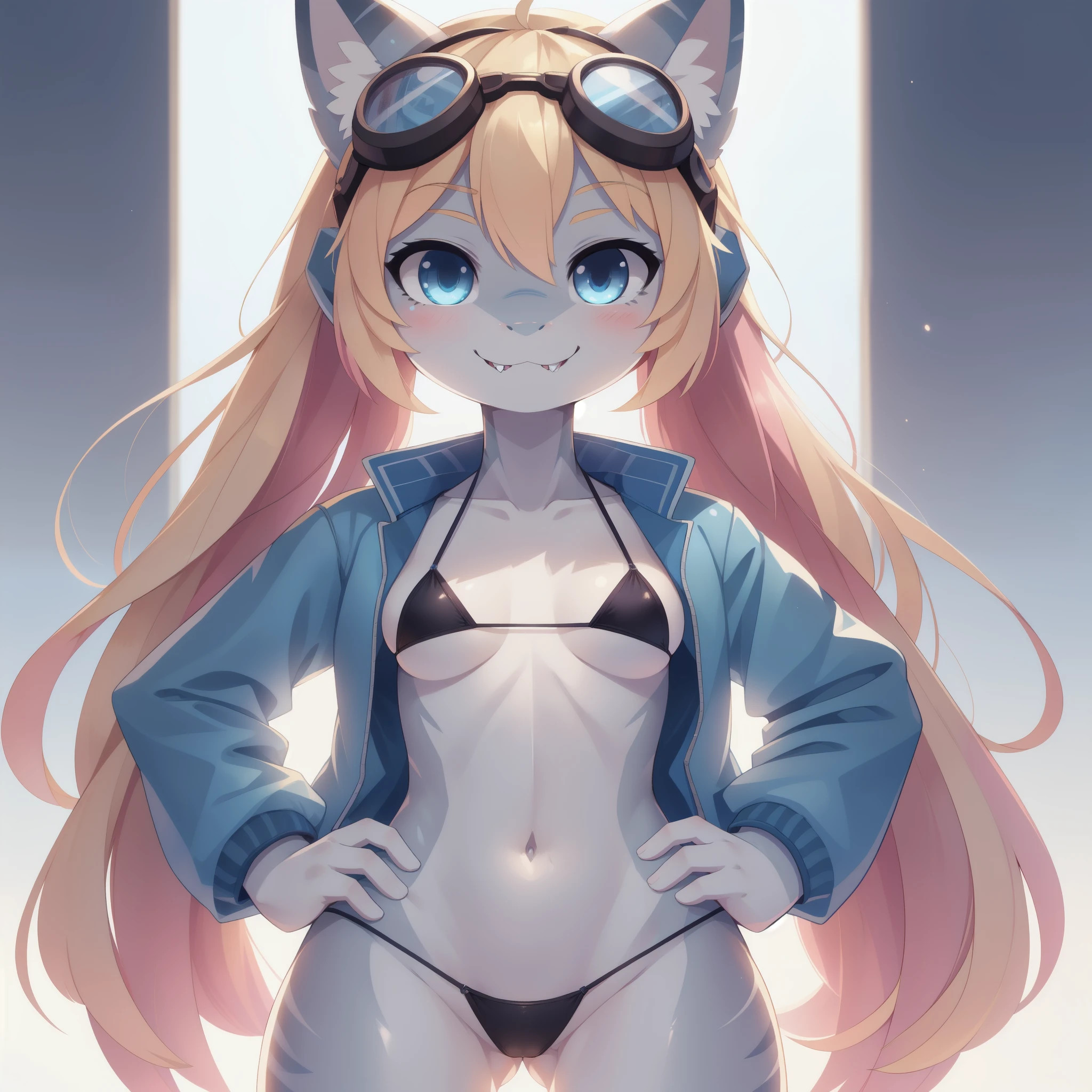 Shark girl, anthro, young, cute hair, long ponytail, two tone hair, blonde hair, pink hair, blue eyes, medium breasts, detailed body, furry ears, shark nose, ((goggles, blue jacket, open clothes, black micro bikini)), masterpiece, looking at you, two tone body skin, gray body skin, clear gray body skin, detailed face, detailed eyes, detailed body, perfect lighting, perfect shadows, perfect eyes, perfect hair, perfect face, gorgeous body, detailed hands, glistering body, shiny body, skinny, spectacular effect, fangs, standing, hands on hips, solo, :3, smilling, simple background, white background,